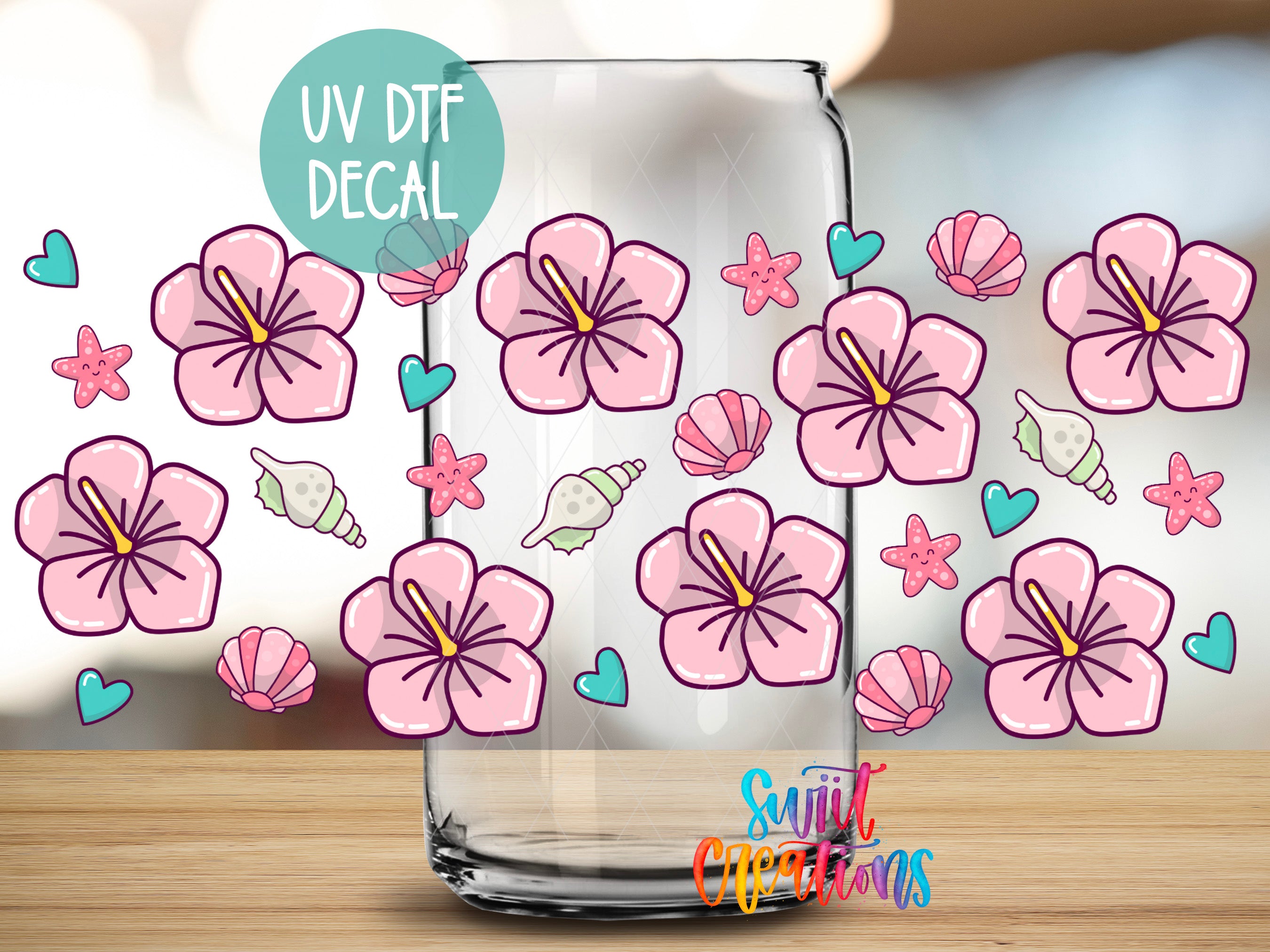 a clear glass jar with a pattern of pink flowers and seashells on it, along with some hearts and stars scattered around.