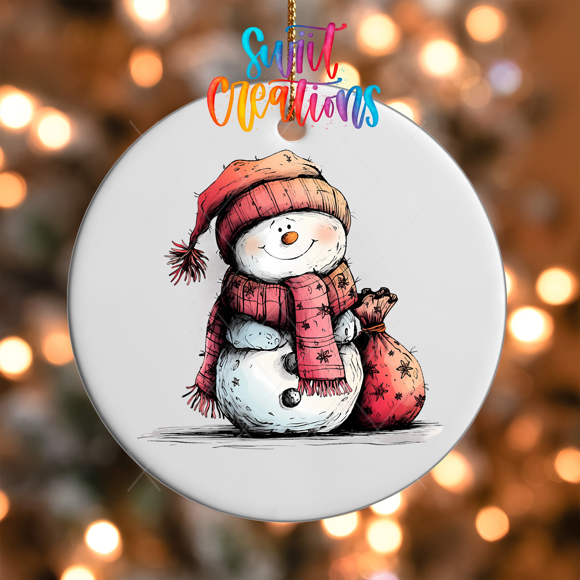 A snowman ornament with a red scarf and hat, holding a bag, is hanging against a background of colorful lights.