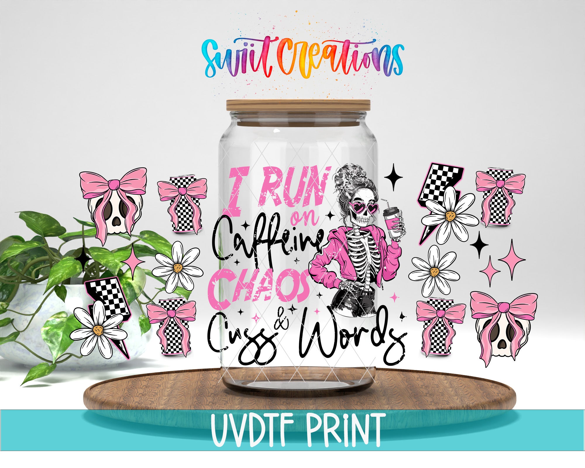 The image is a collage featuring a glass jar with a skeleton wearing a pink outfit and holding a coffee cup, surrounded by various colorful and whimsical elements such as flowers, bows, and checkerboard patterns.