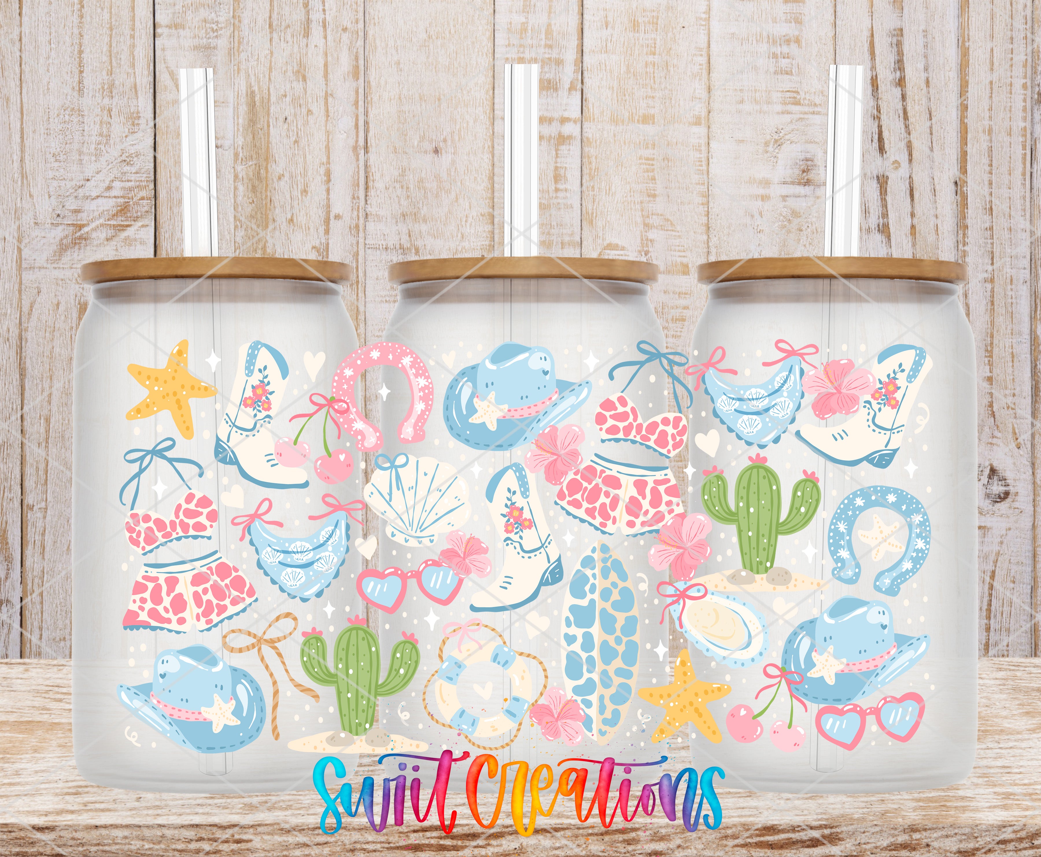 three glass tumblers with colorful illustrations of various objects, such as a star, cactus, and sunglasses, printed on them.