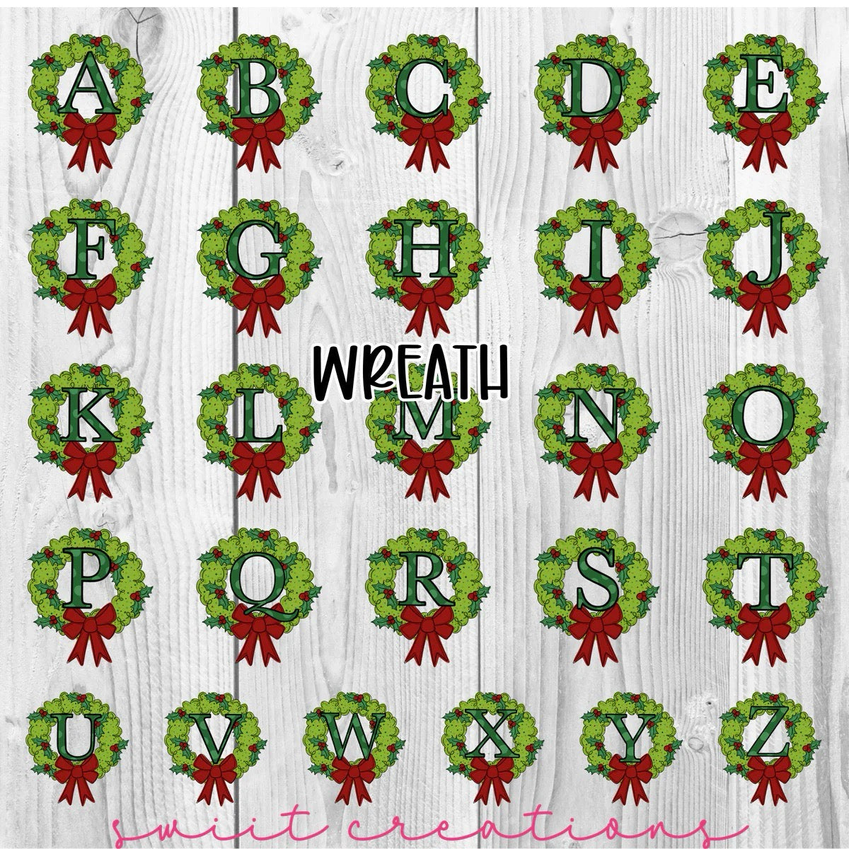 a collection of Christmas wreaths arranged in a grid, each featuring the letters of the alphabet. The wreaths are decorated with red bows and greenery, creating a festive and holiday-themed display.