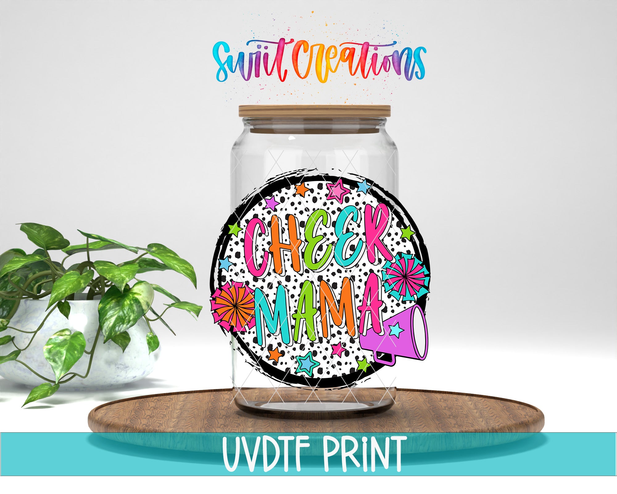 A jar with a colorful, hand-drawn design on it, featuring the text "CHECK MAMA" and a megaphone. The jar is placed on a wooden surface, and there is a potted plant in the background.