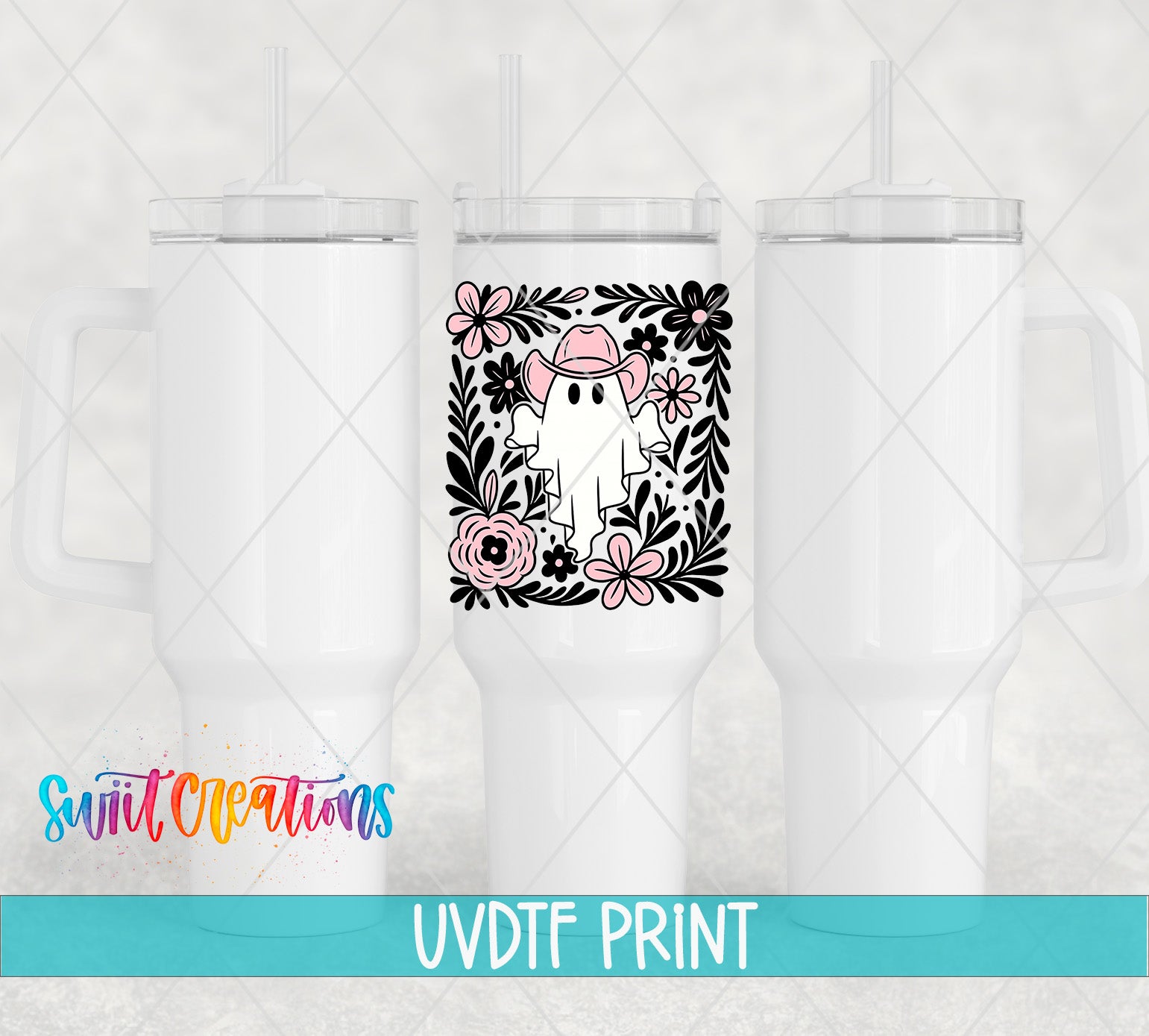 three white tumblers with a floral design and a ghost character on them, along with text indicating that they are UVDF Prints.