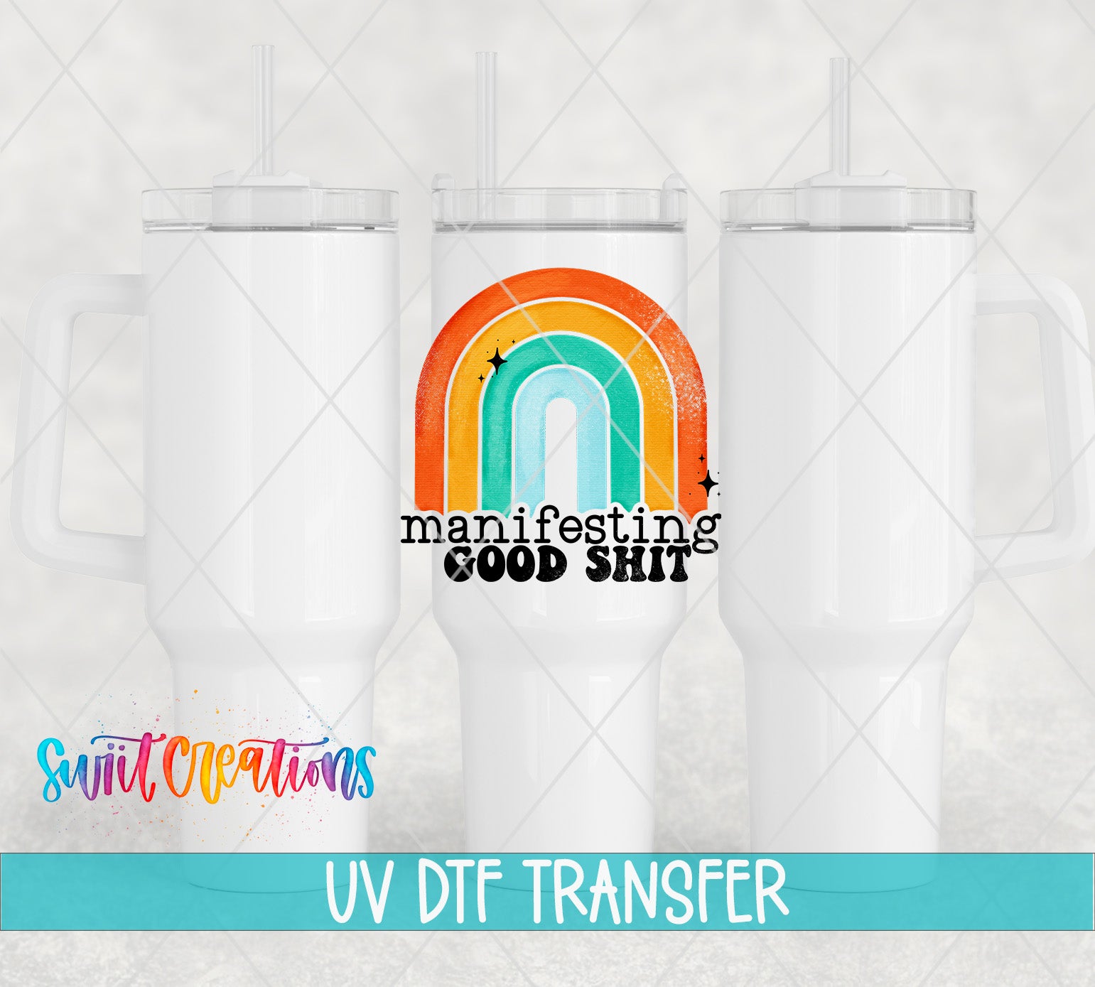 three white tumblers with a colorful graphic design on them, along with text indicating a UV DFT (Digital Fabrication) transfer.