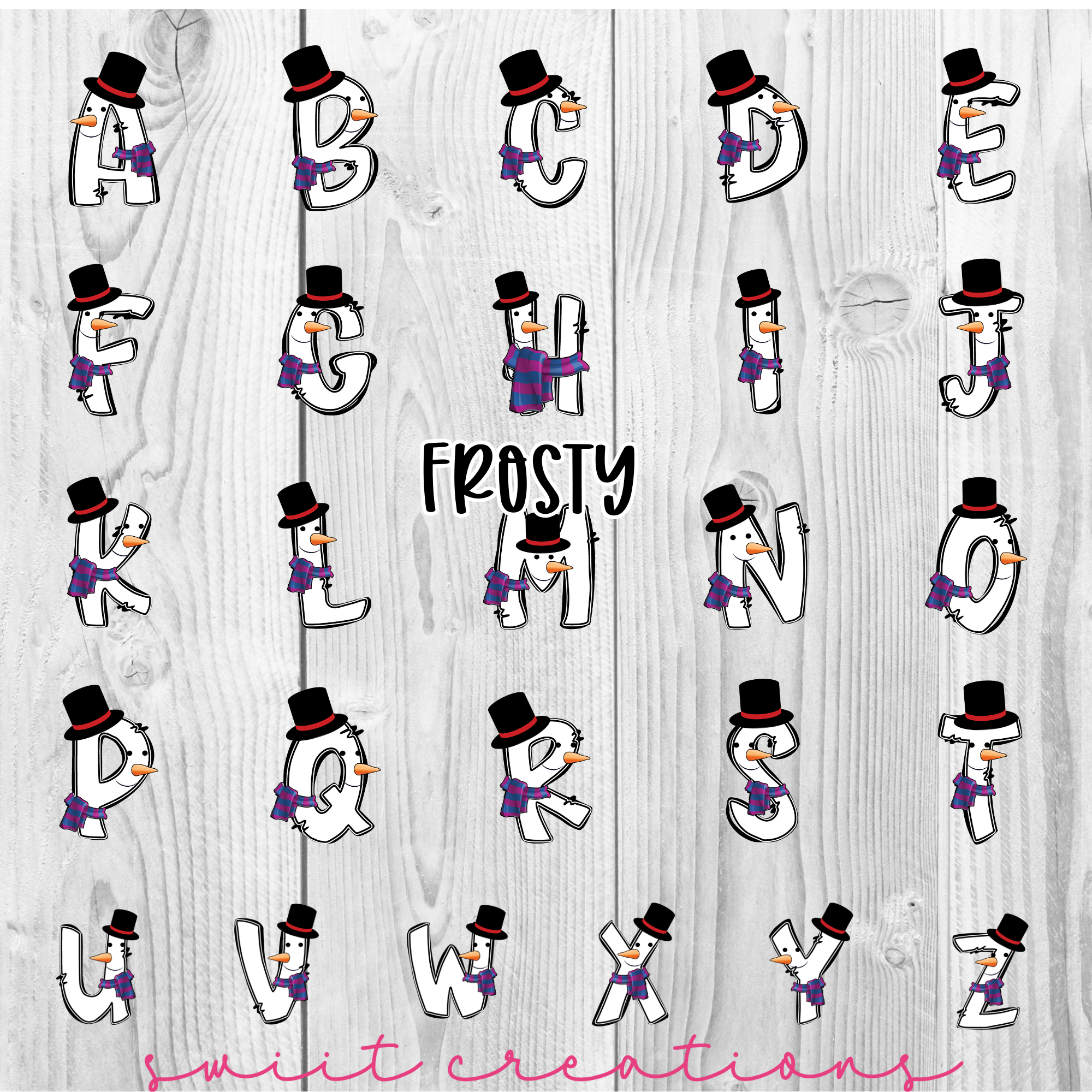 a white wooden background with a snowman and letters