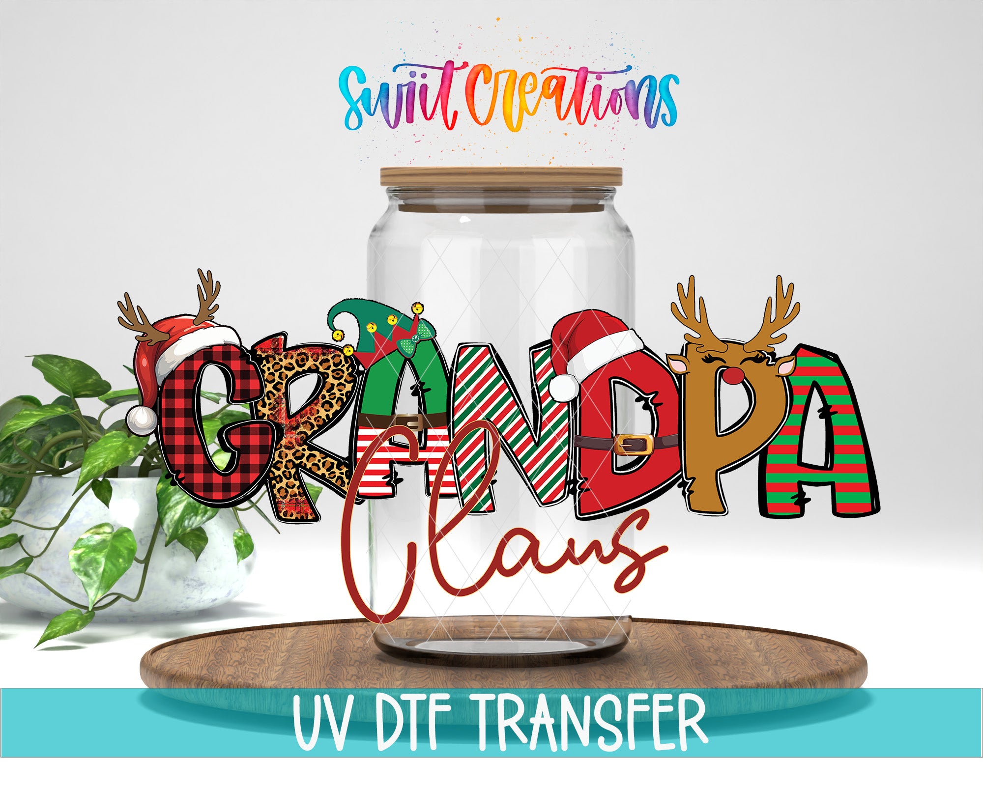 A glass jar with the word "GRANDPA" written on it, surrounded by various holiday-themed decorations such as reindeer, Santa hats, and a Christmas tree.