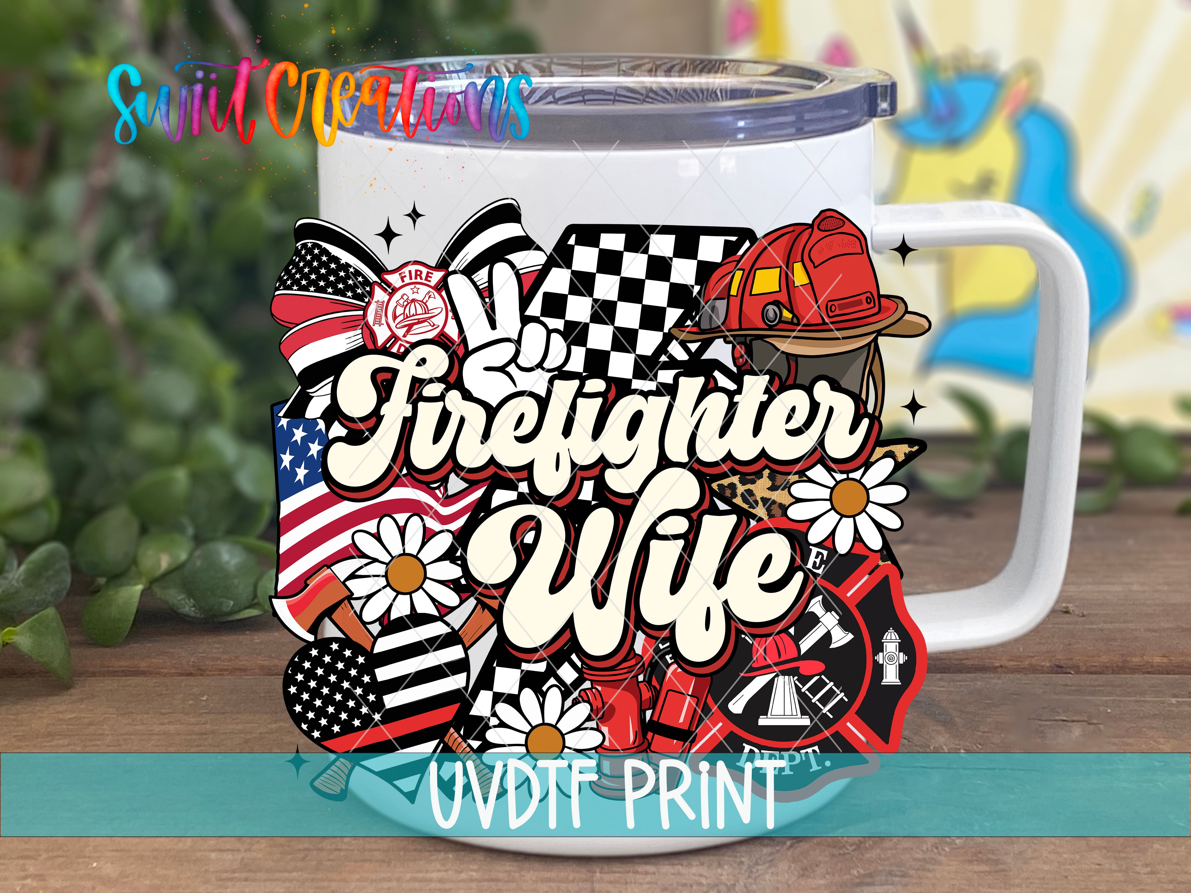 A white mug with a colorful design featuring a firefighter and a flower, along with other fire-related symbols and text.
