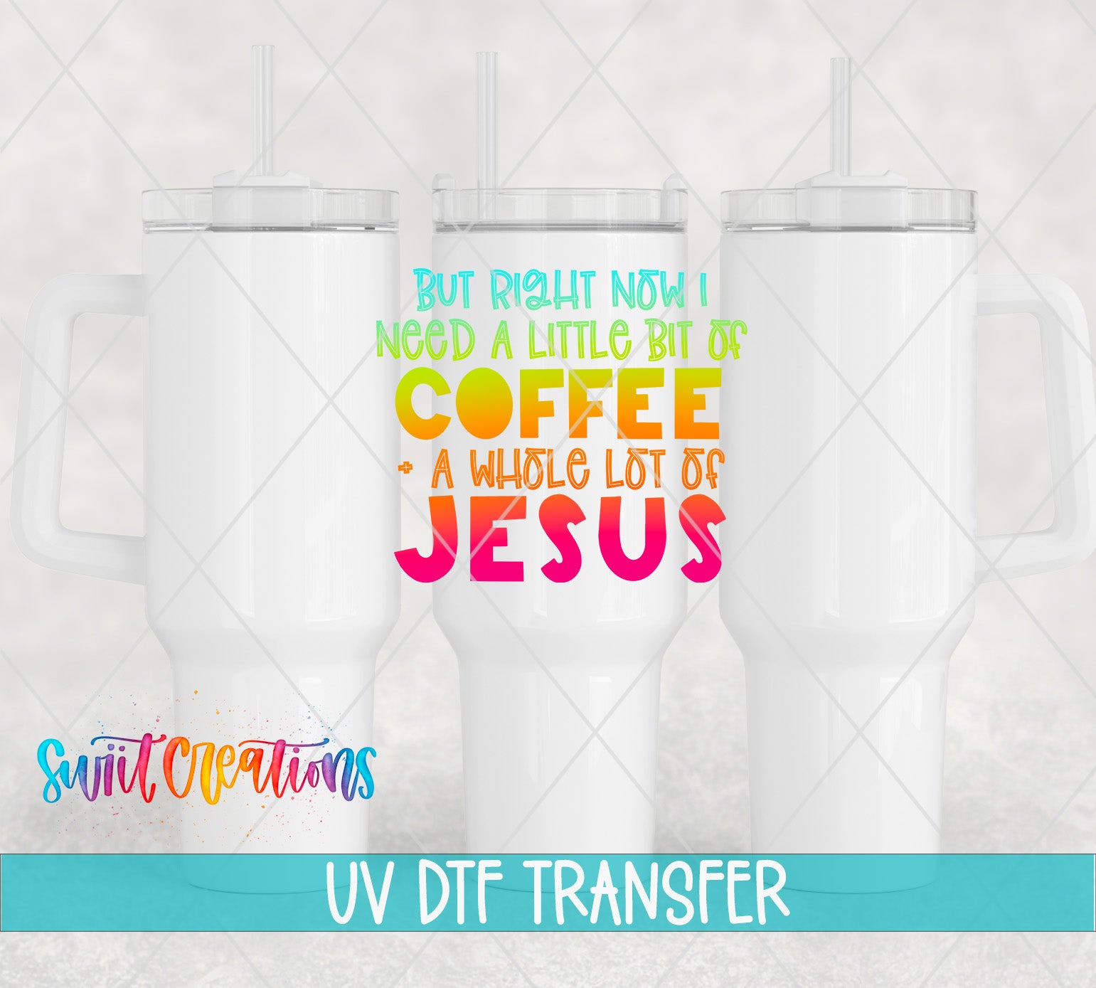 three white tumblers with colorful text overlaid on them.