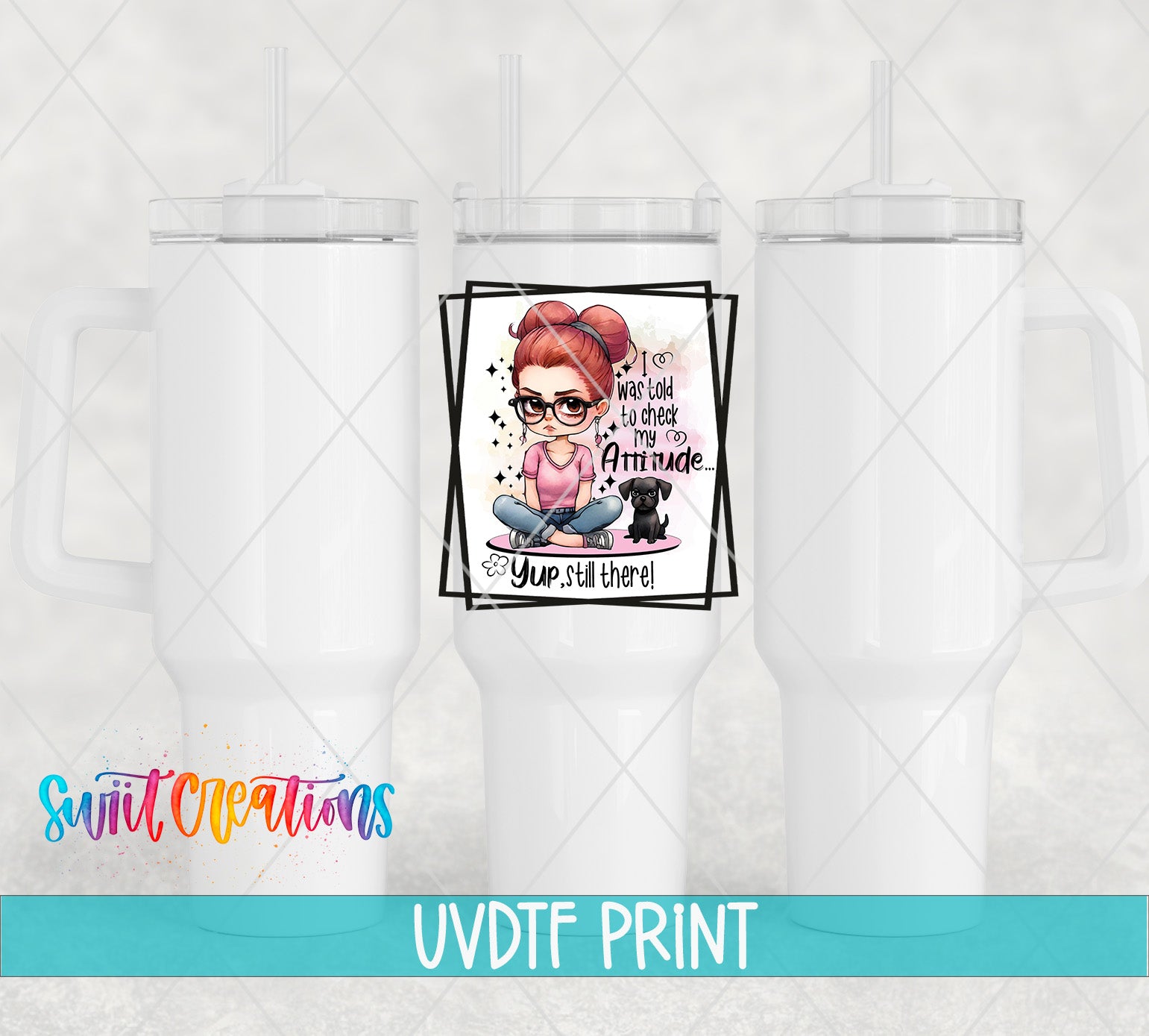 a white cup with a printed design of a woman and a cat.