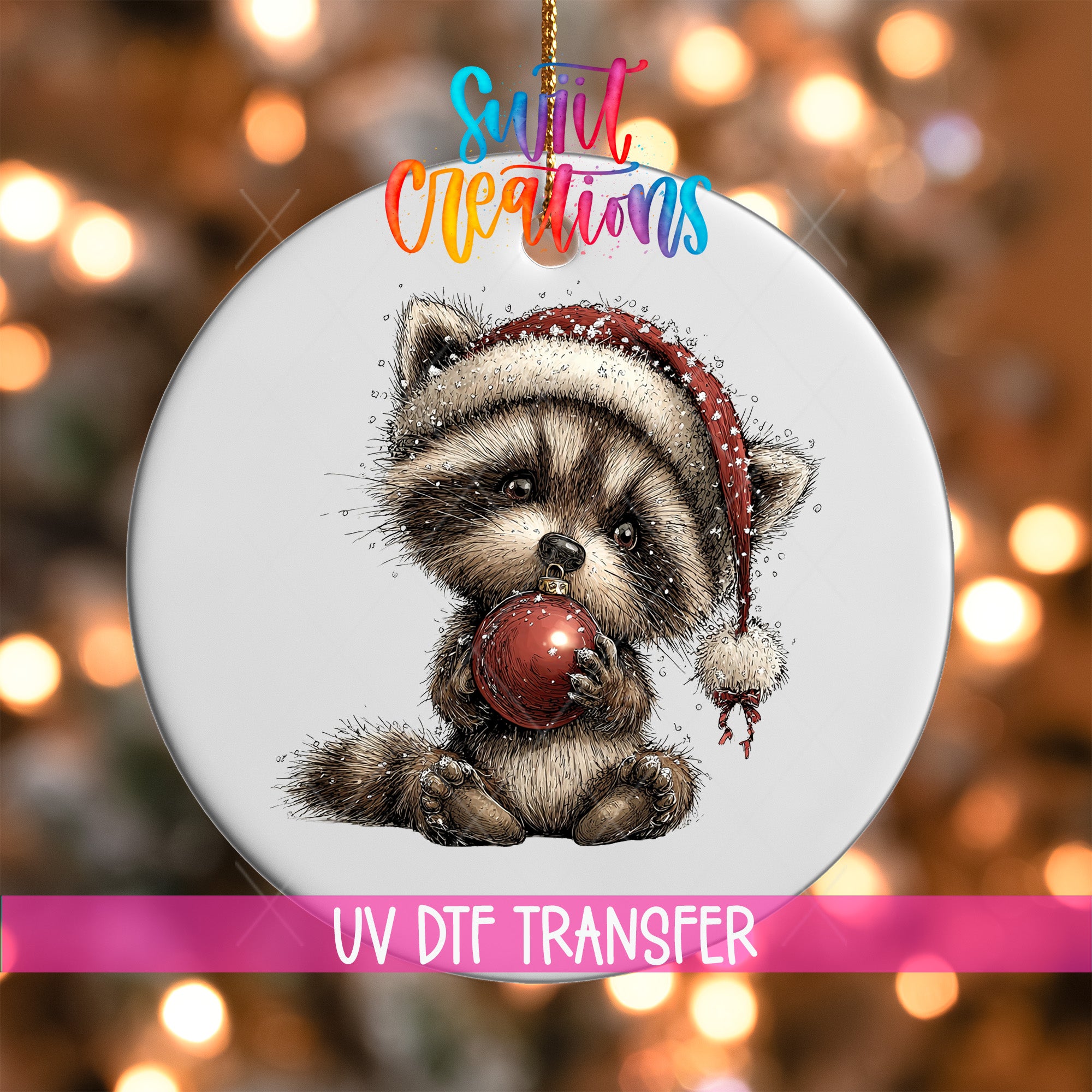 A ceramic ornament featuring a raccoon wearing a Santa hat and holding a red ornament.