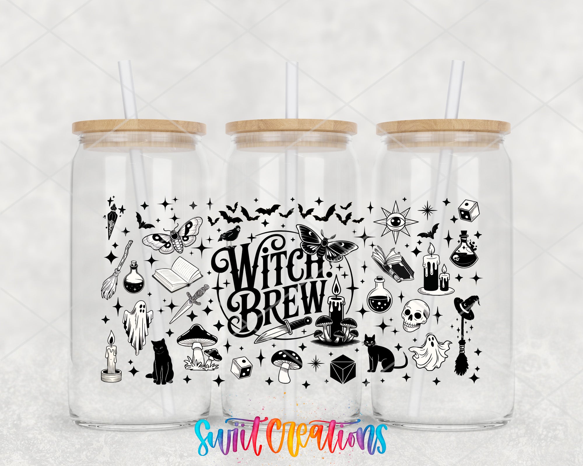 A trio of glass jars with wooden lids, each featuring a black and white illustration of various Halloween-themed items such as bats, skulls, mushrooms, and a witch's broom. The text "Witch Brew" is prominently displayed in the center of the jars.