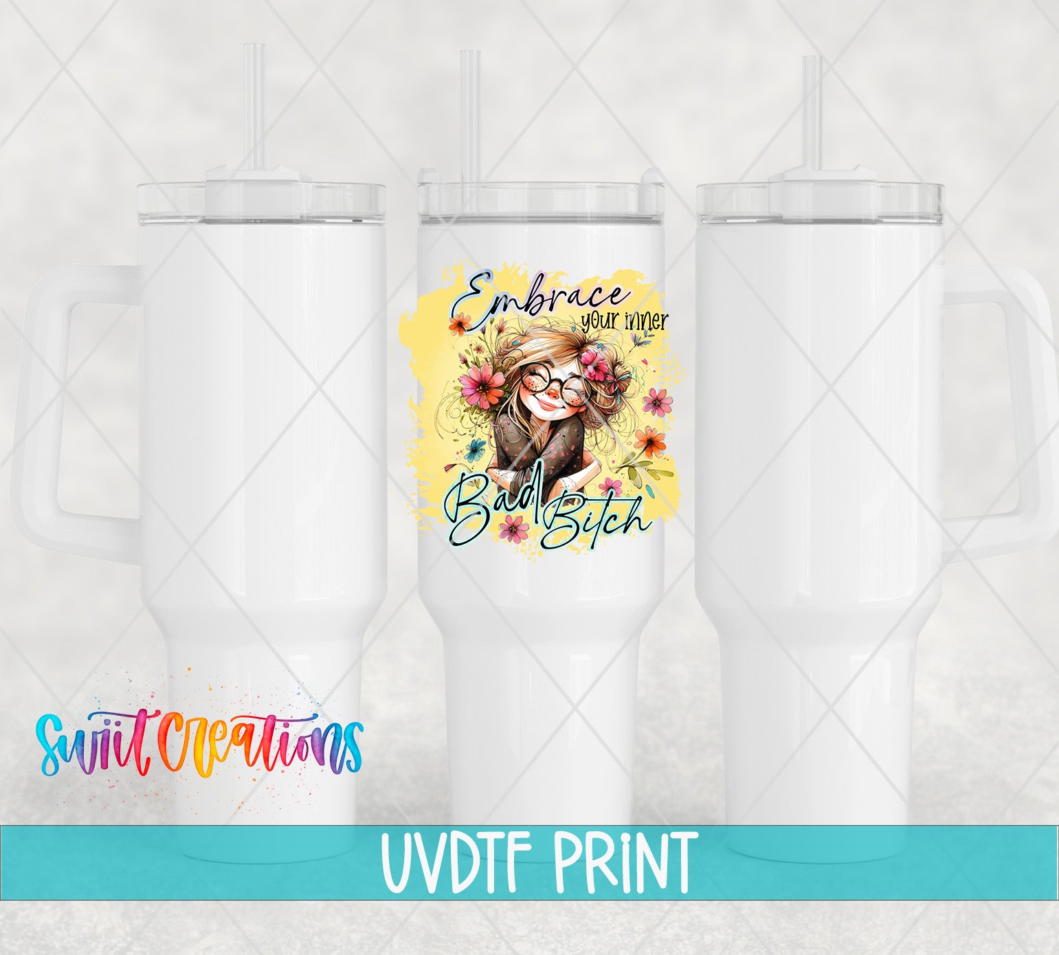 three white tumblers with colorful designs and text printed on them.
