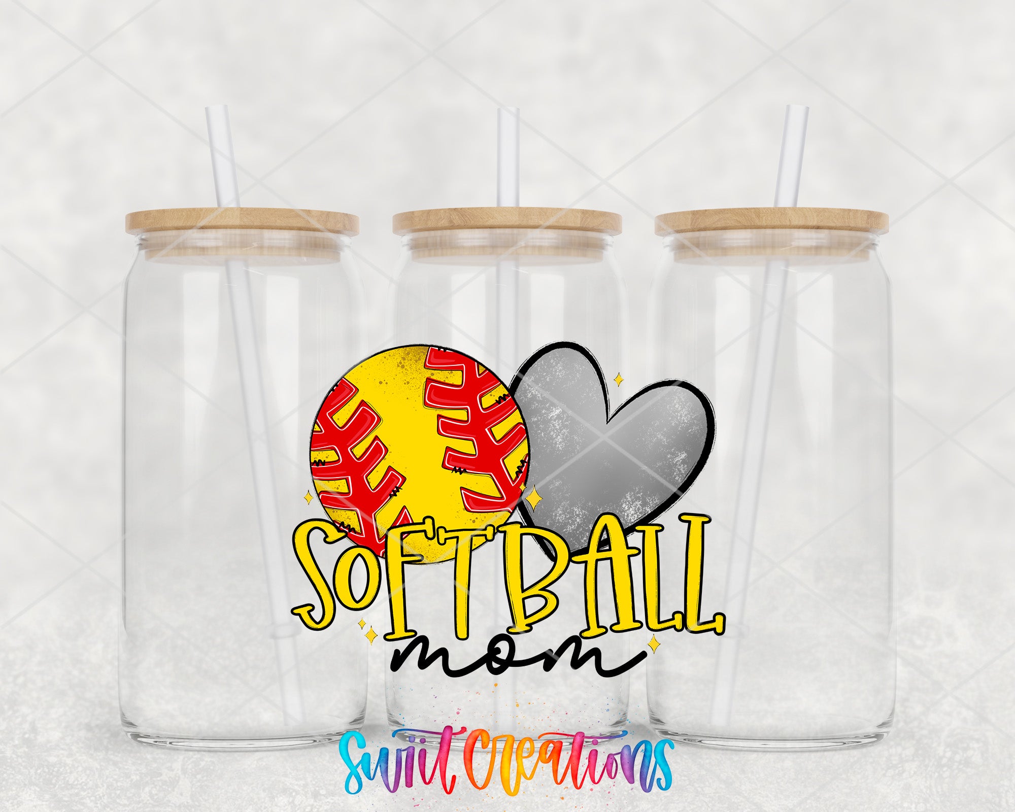 three clear glass jars with wooden lids, each with a straw, arranged in a row. The jars are labeled "Softball mom" in a stylized font, and there is a yellow and red softball graphic in the center of the jars.