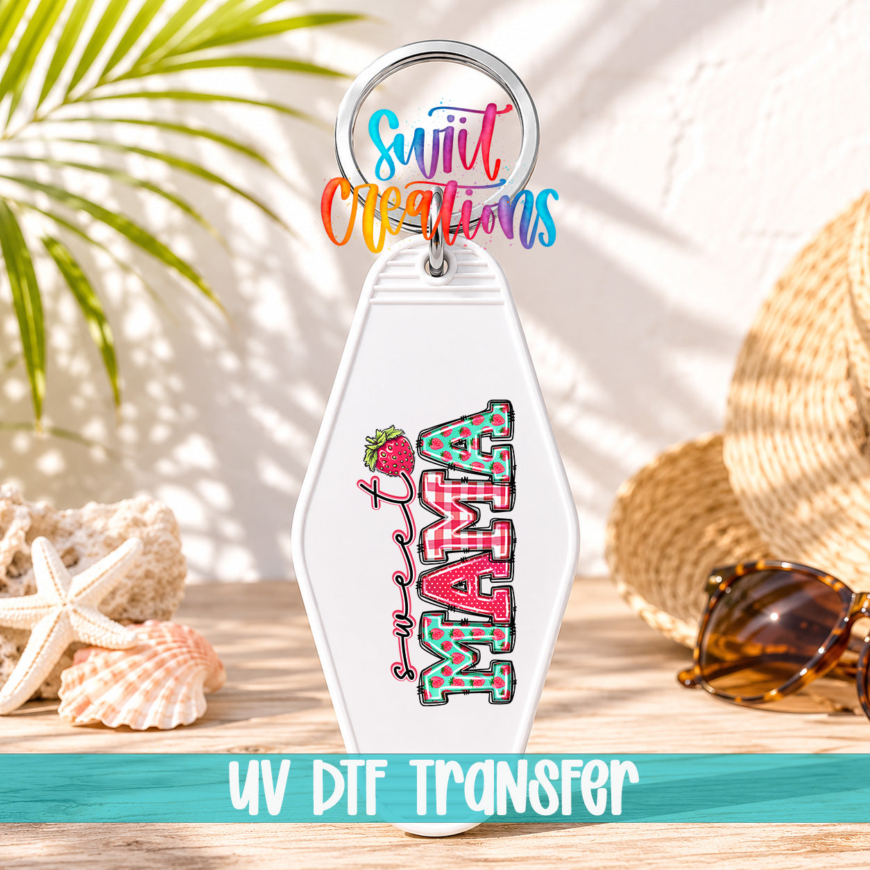 A keychain with the word "MAMA" printed on it, along with a colorful design, is displayed on a wooden surface. The keychain is surrounded by sunglasses, a straw hat, and some seashells.