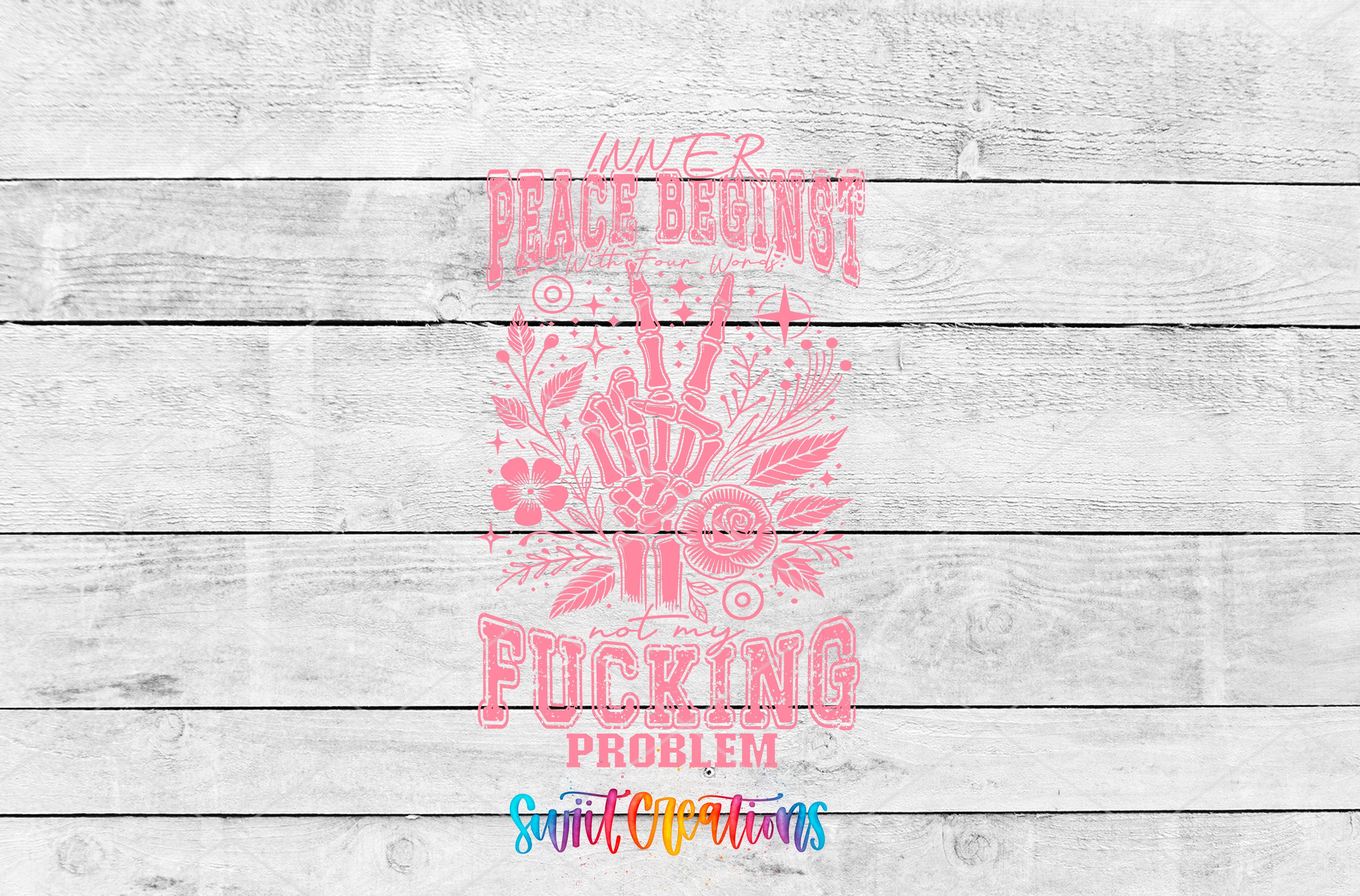 a graphic design with a pink background and text. The text is a combination of letters and symbols, and it appears to be a statement or slogan. The phrase "Peace begins with a gun" is prominently displayed, along with the word "FUCKING" below it. The design also includes a hand gesture and floral elements. The image does not contain any text that begins with "The" or "In" and does not include any phrases that are too vague or repetitive.