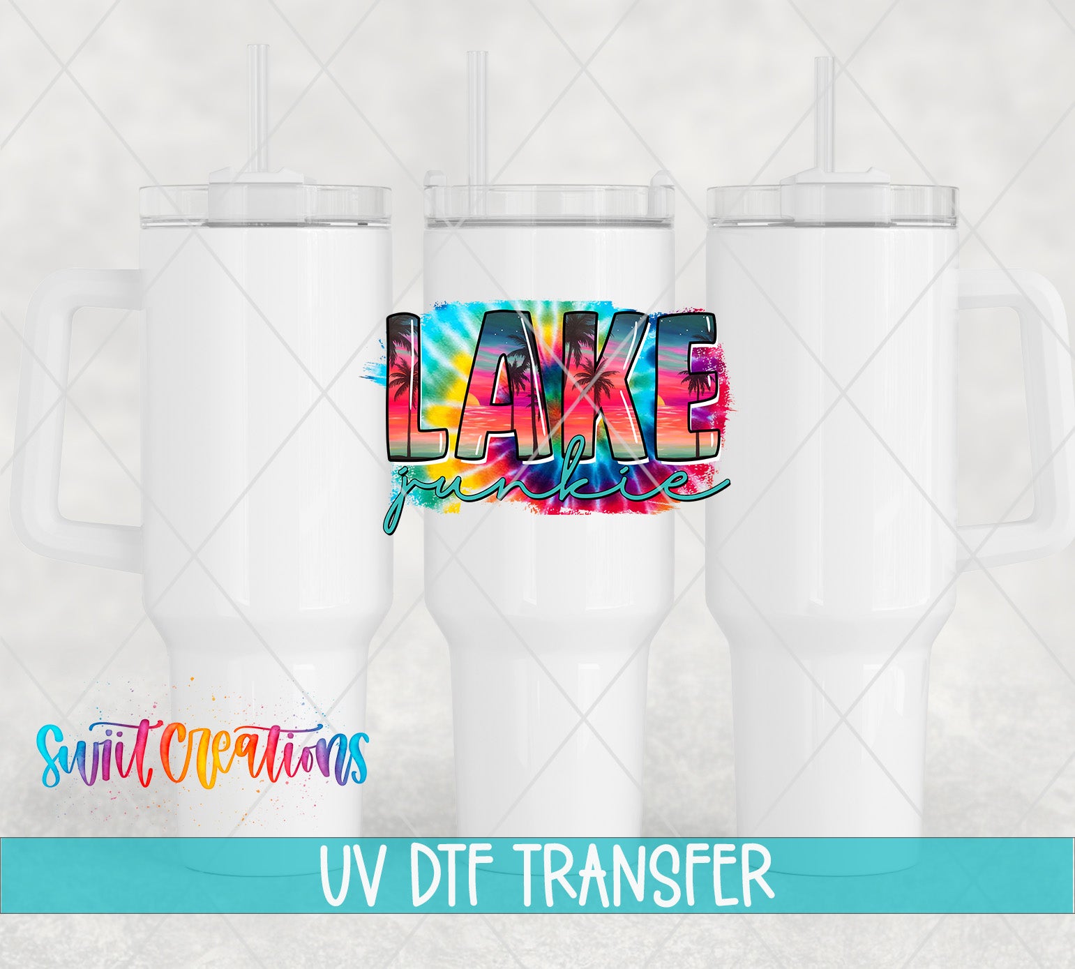 three white tumblers with a colorful tie-dye design on the front, including the word "LAKES" in a vibrant, tie-dye style.