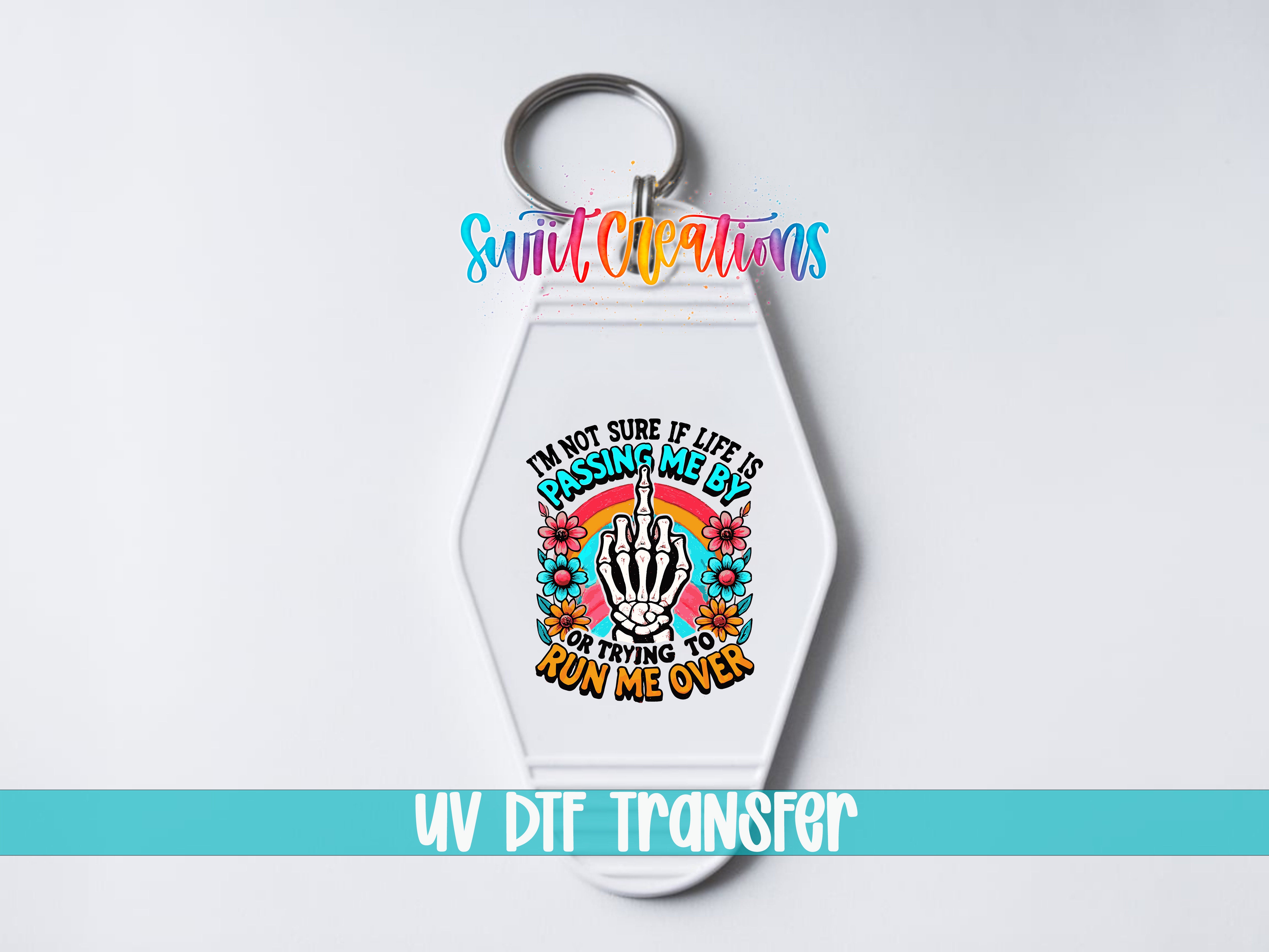 A keychain with a colorful graphic design and text on it.