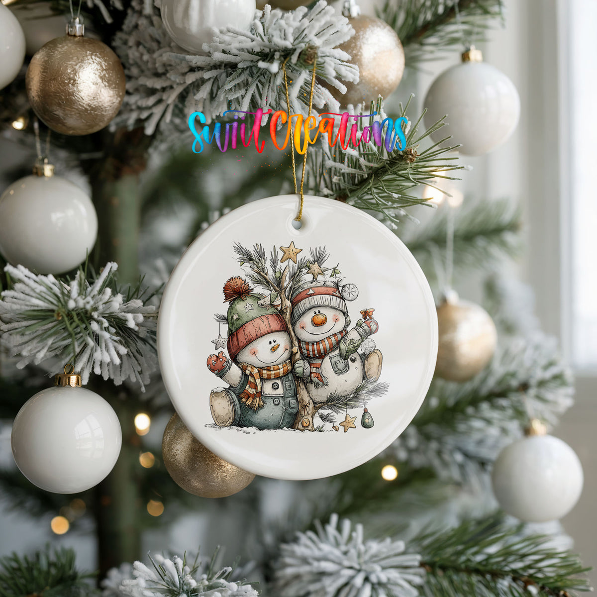 A Christmas tree decorated with ornaments, including a snowman ornament, and a textured ornament hanging from the tree.