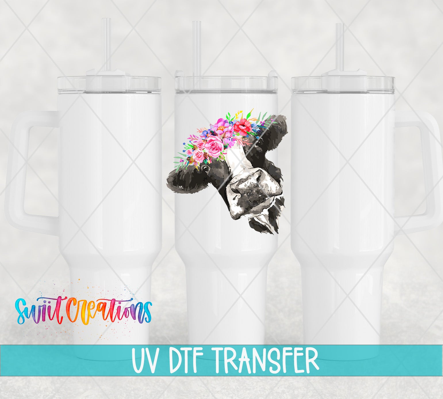 three white tumblers with a floral design on the front, and the text "UV Dtf Transfer" is displayed below them.