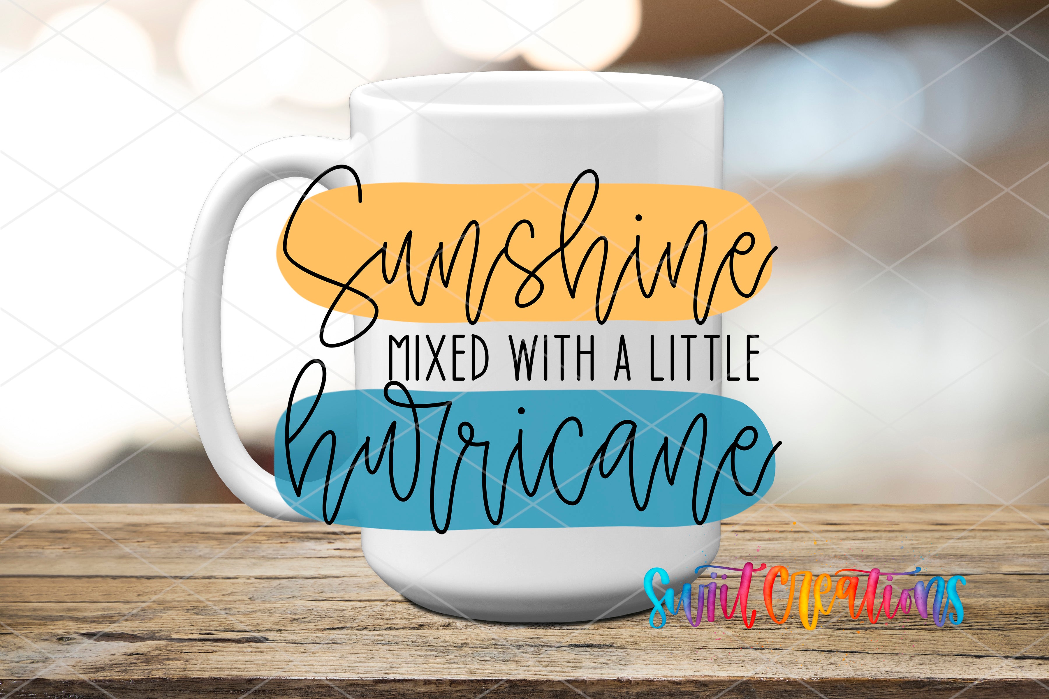 A white mug with the text "Sunshine mixed with a little Hurricane" printed on it, along with a colorful design.