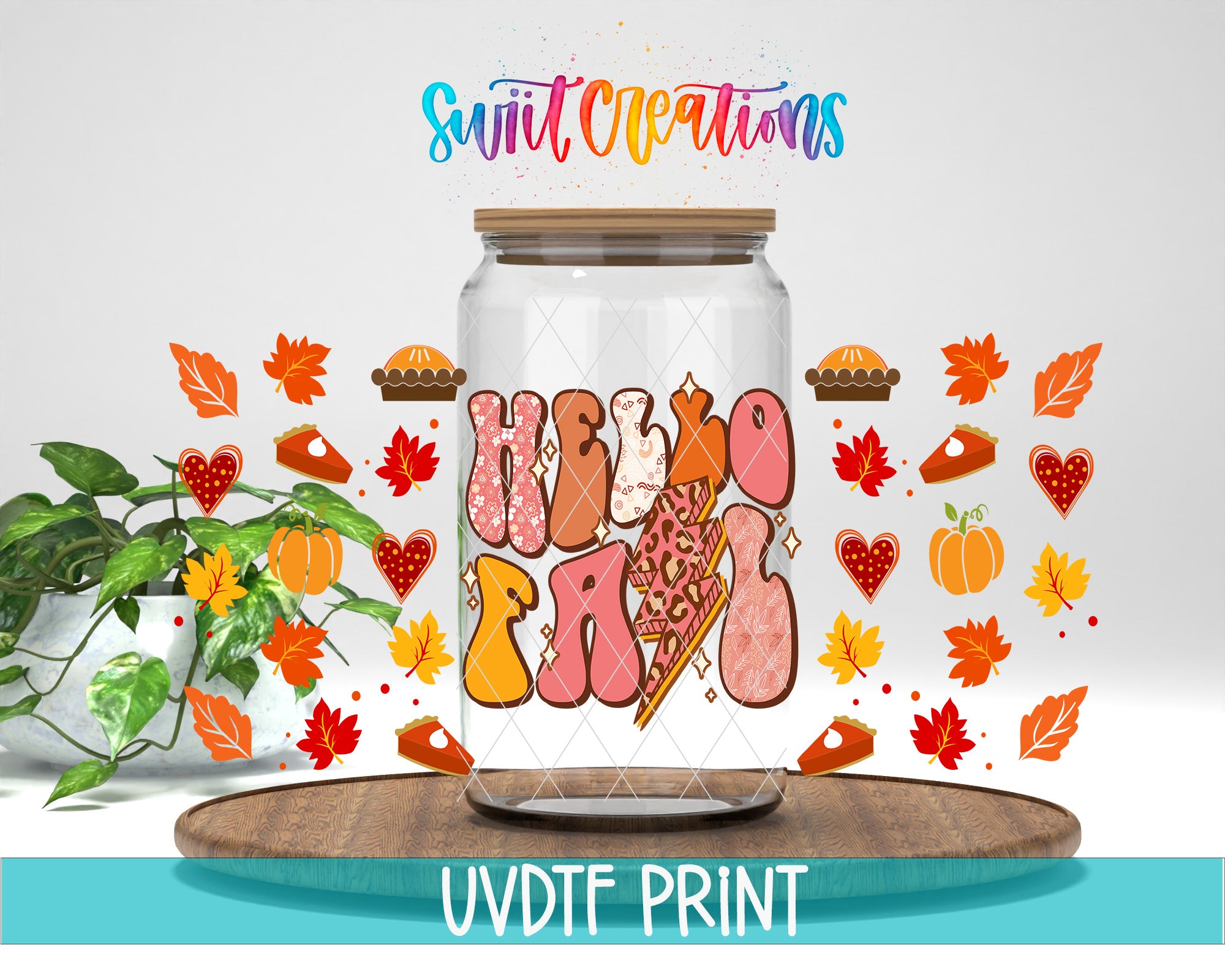 The image is a colorful and whimsical illustration featuring a glass jar with a lid, surrounded by various fall-themed elements such as leaves, pumpkins, and hearts. The text "Hello Fall" is prominently displayed on the jar, and the phrase "Swift Creations" is written above it. The background is a plain white, and there is a wooden board in the foreground.