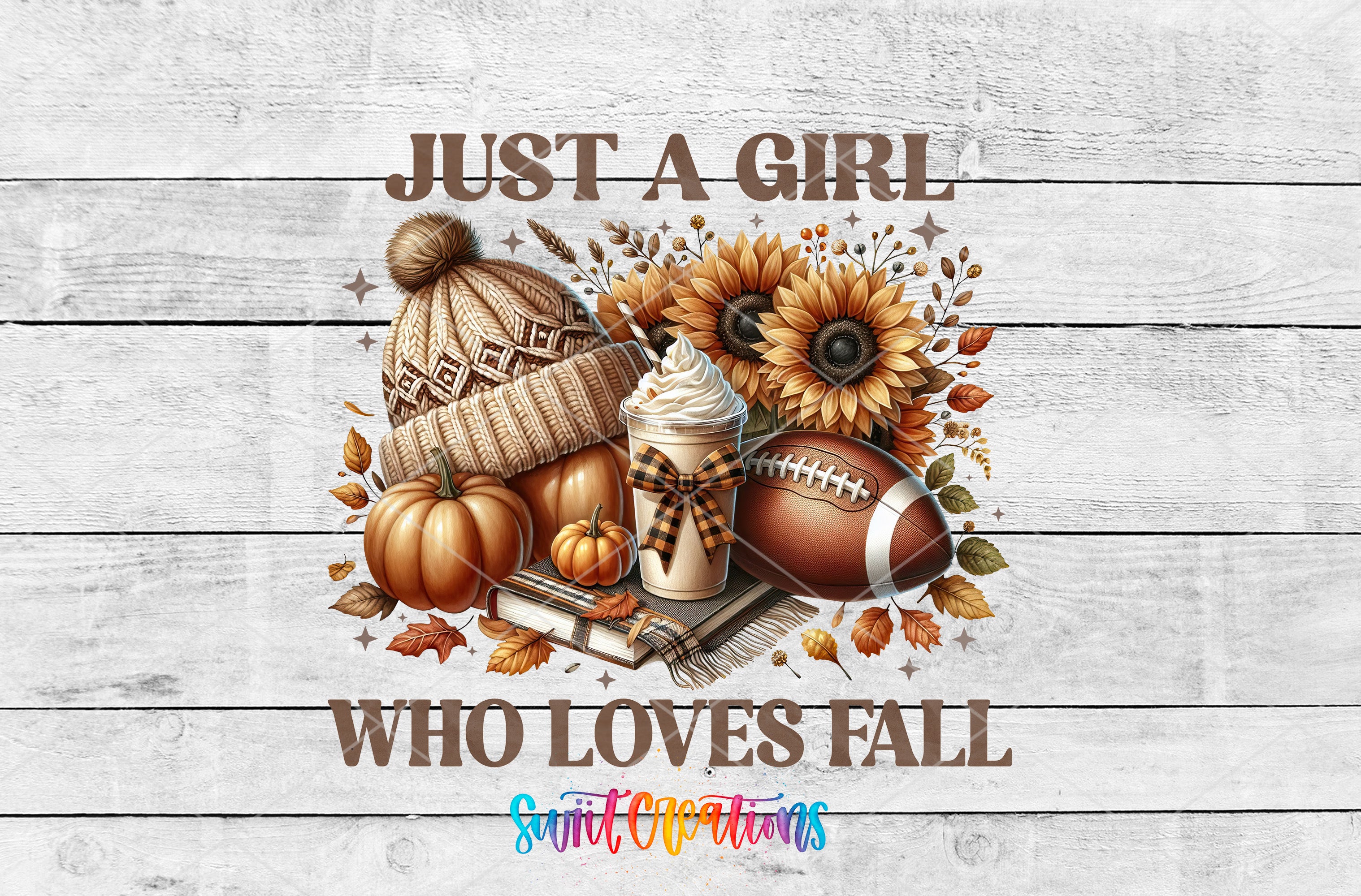 The image is a collage of various fall-themed items, including a pumpkin, sunflowers, a football, a beanie, and a milkshake, along with the text "Just a girl who loves fall".
