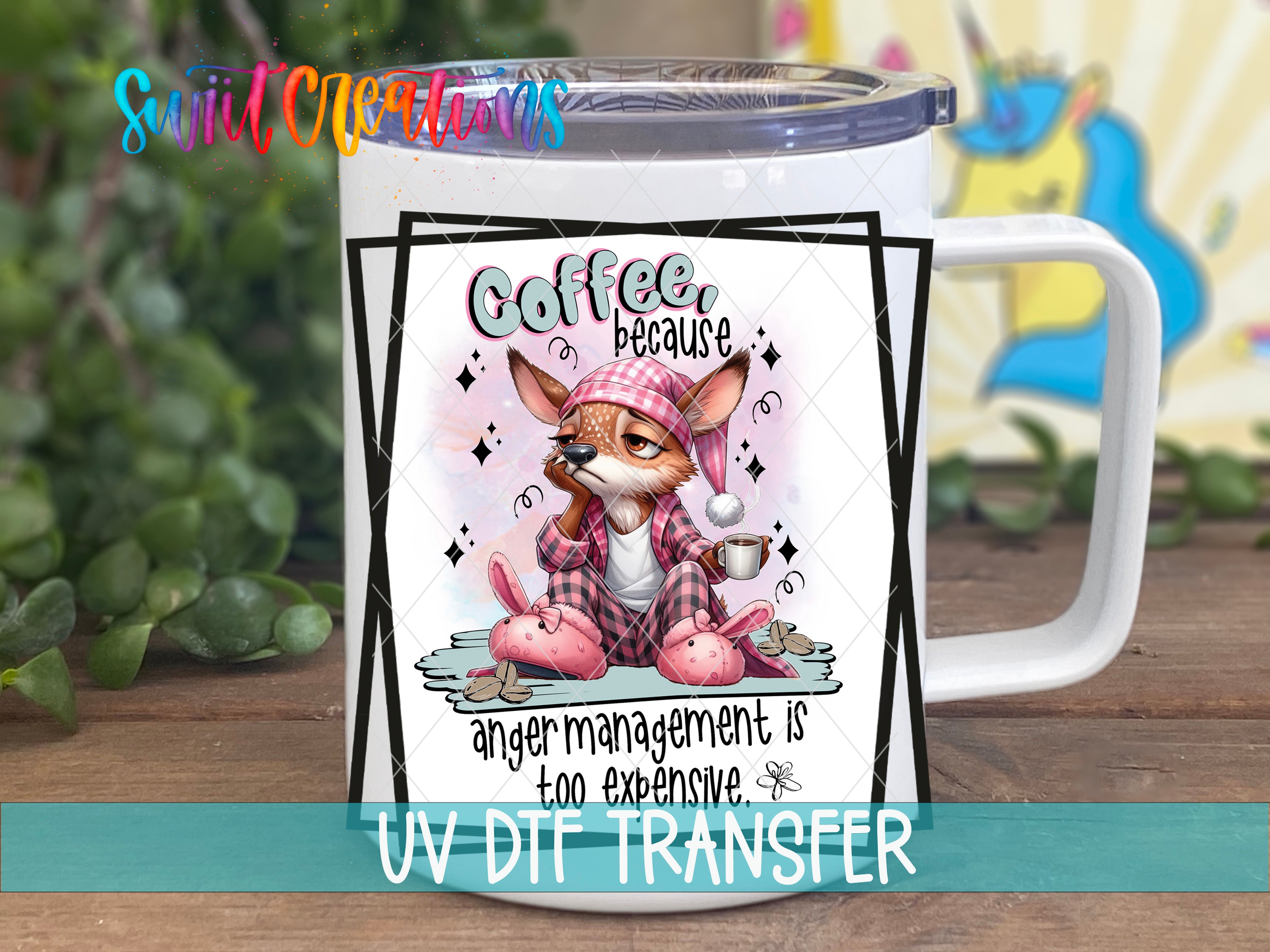 A white mug with a colorful illustration of a cat wearing a hat and holding a cup of coffee, accompanied by the text "Coffee, because anger management is too expensive."