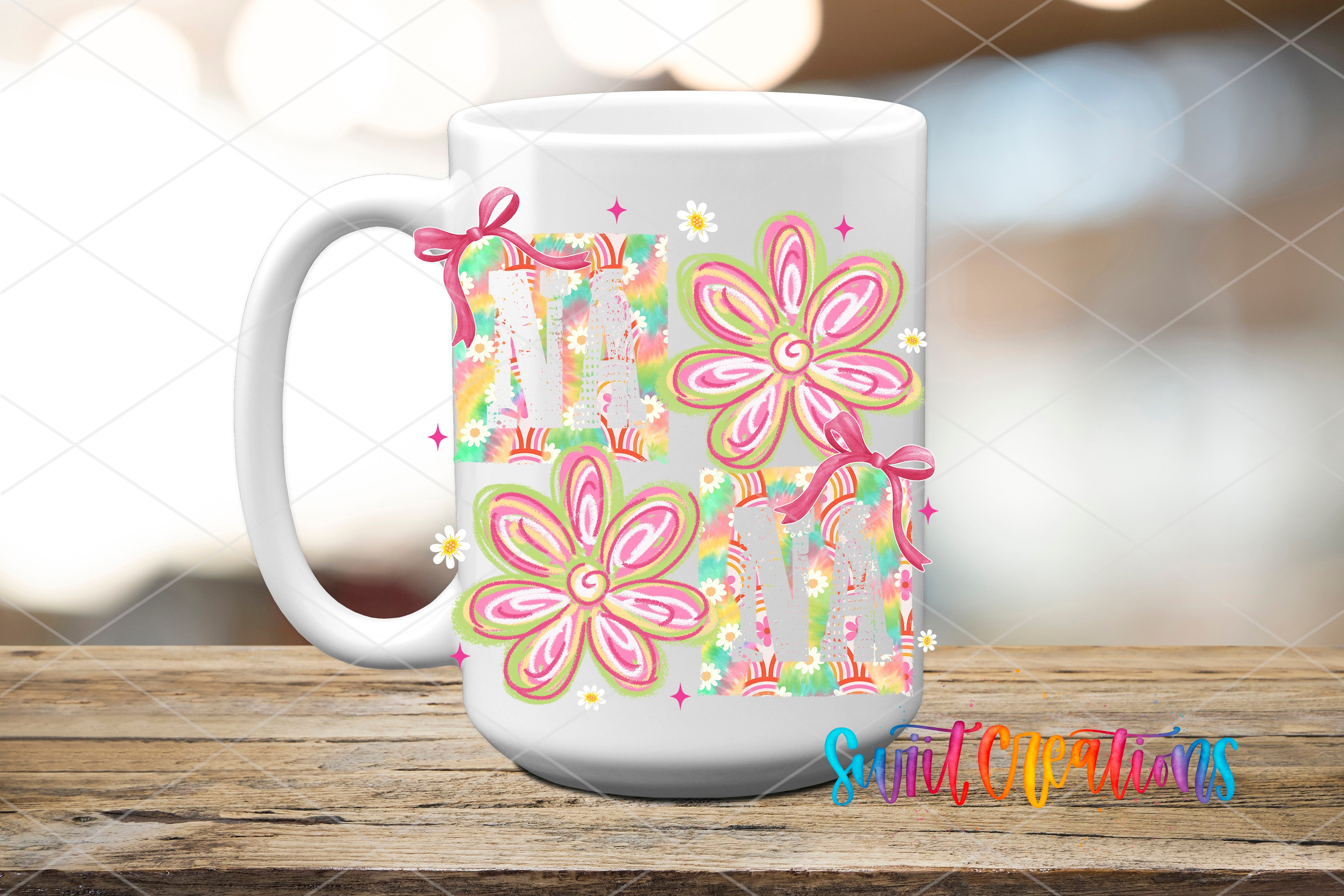 A white ceramic mug with a floral design featuring pink and green flowers, along with the text "MOM" in the center.