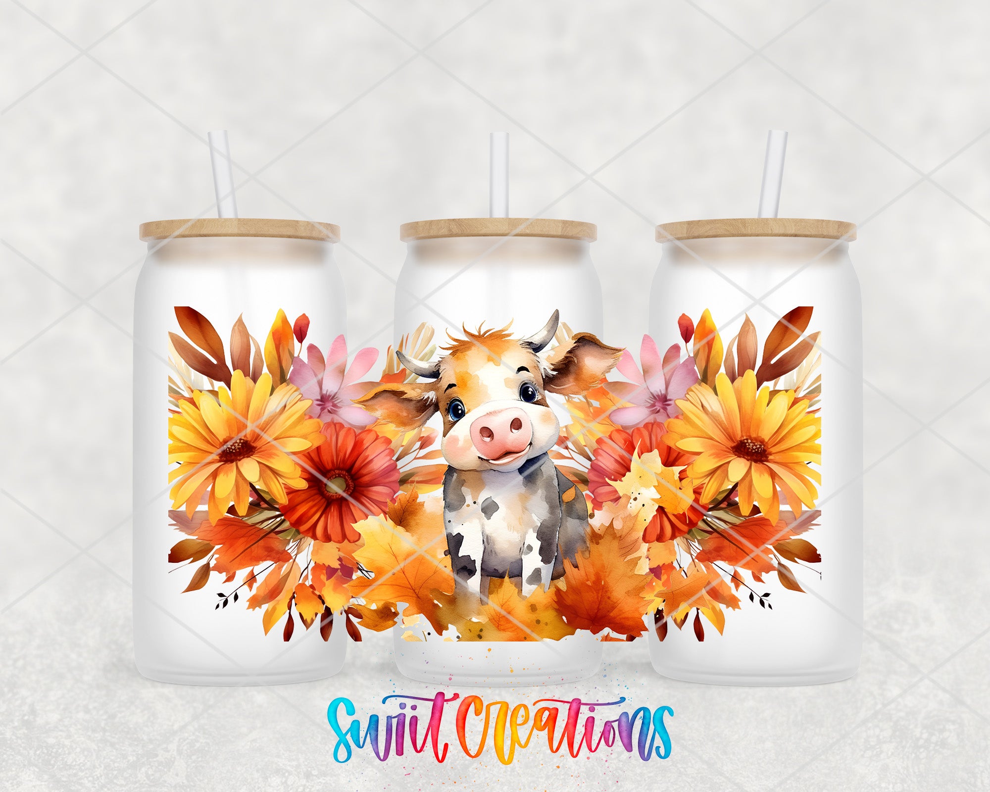 A collage of three glass jars with straws, each containing a colorful floral arrangement. The jars are arranged in a row, with the middle jar having a cow design on it. The background of the image is a white color, which contrasts with the vibrant colors of the flowers and the cow.