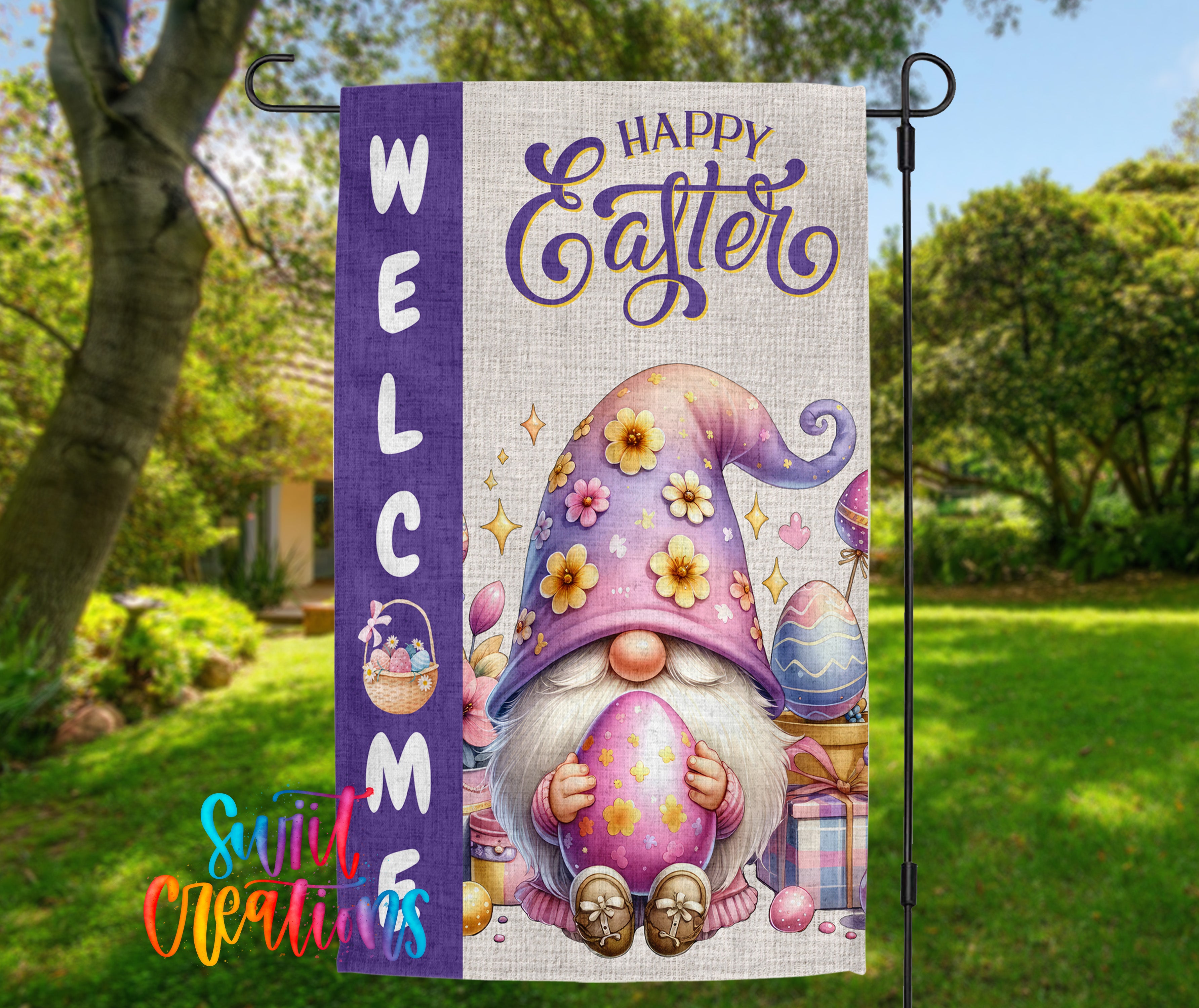 A colorful Easter-themed garden sign featuring a gnome holding a basket of eggs and flowers, with the text "Welcome Easter" displayed prominently.