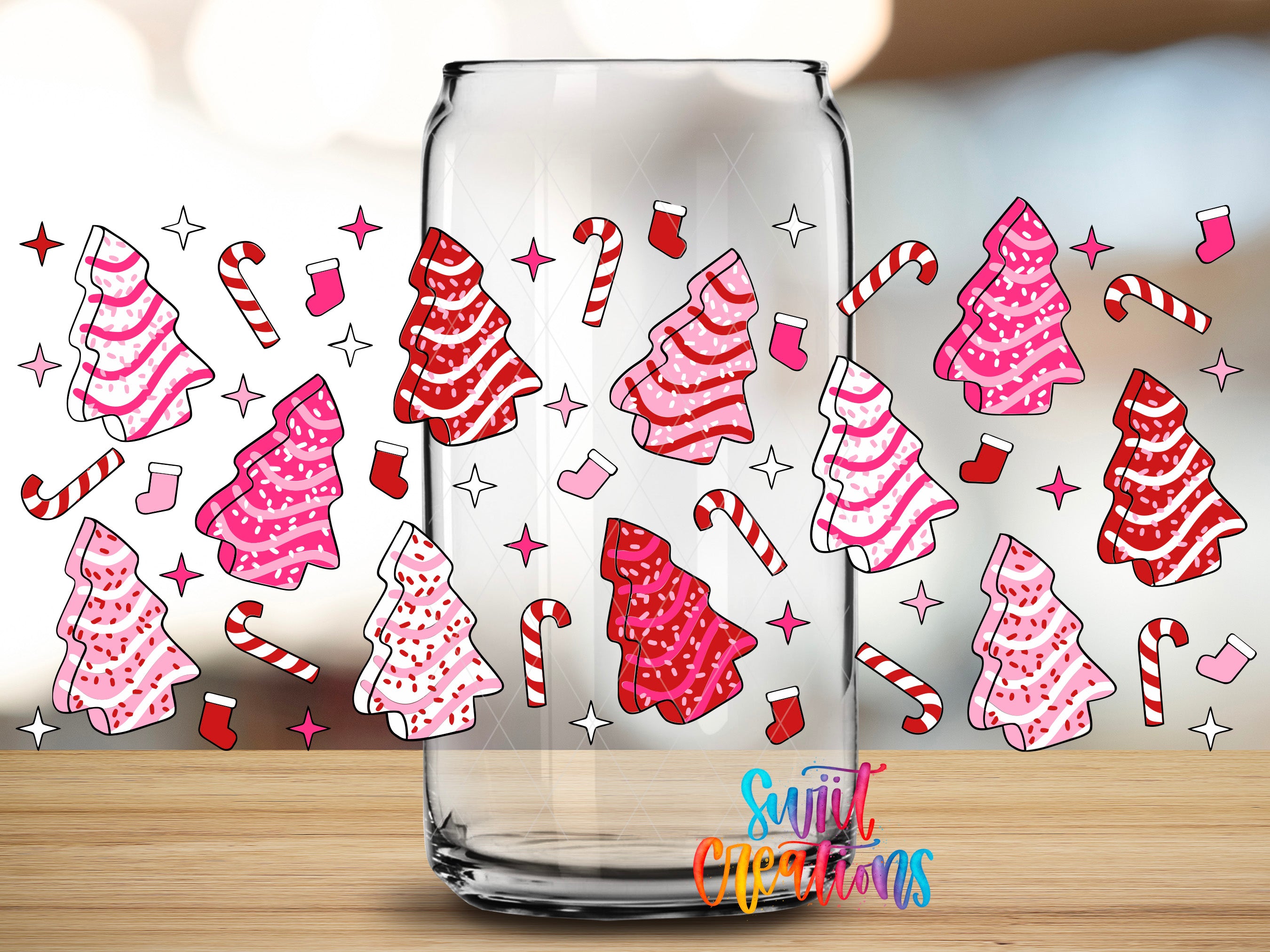 A glass jar filled with colorful candy canes and Christmas trees, creating a festive and whimsical scene.