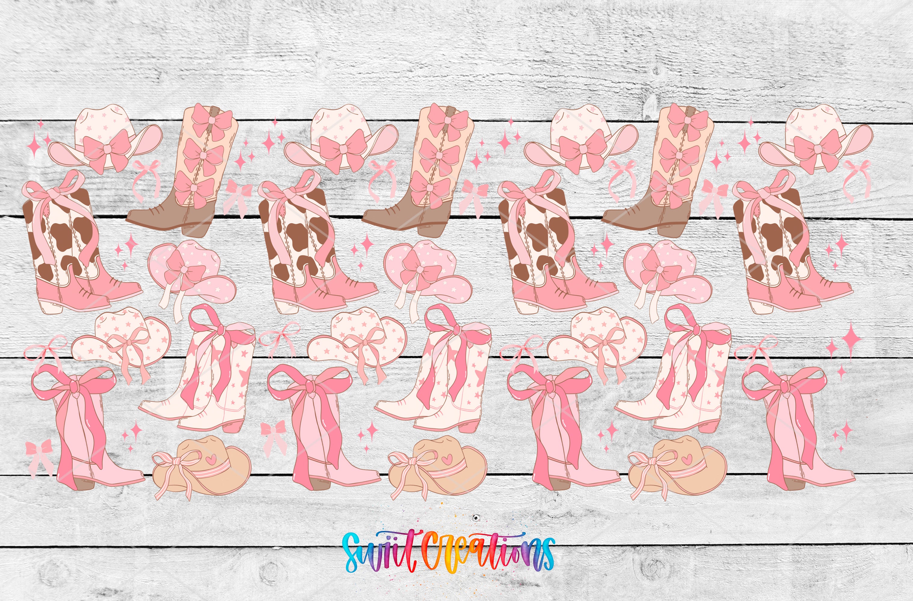 The image is a collage of various pink and white cowboy boots and bows, arranged in a repeating pattern on a wooden background.