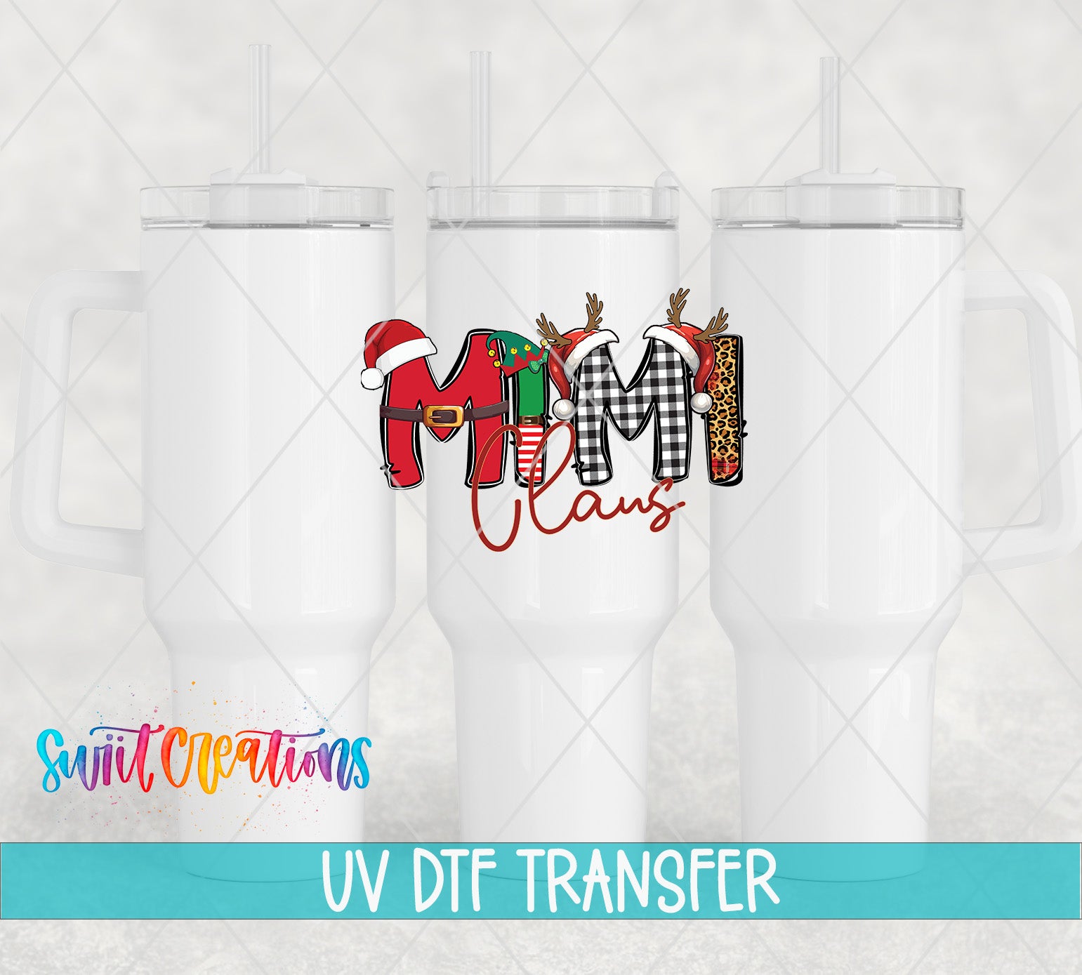 three white tumblers with a colorful and stylized design on them, including a Christmas-themed element.