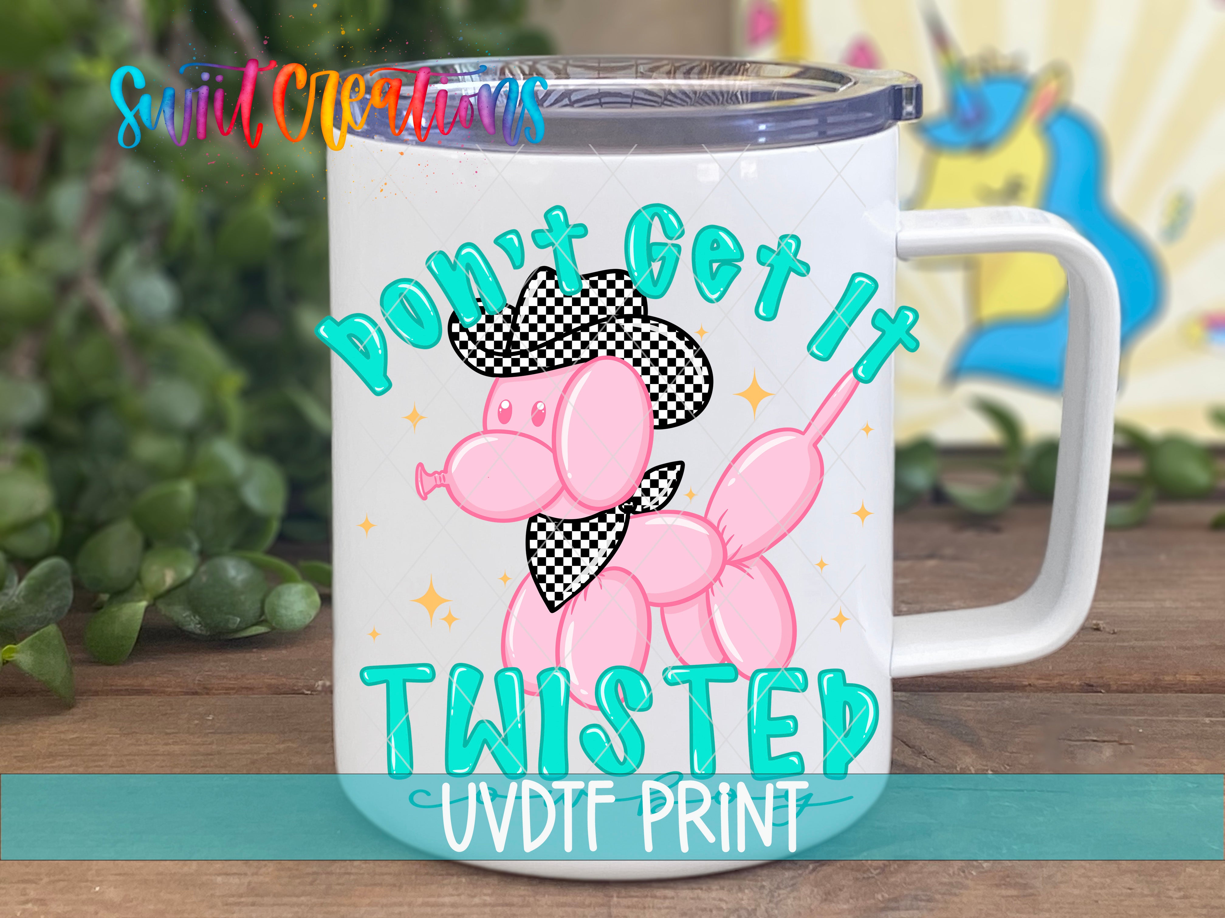 A white mug with a cartoon balloon dog design and text printed on it.