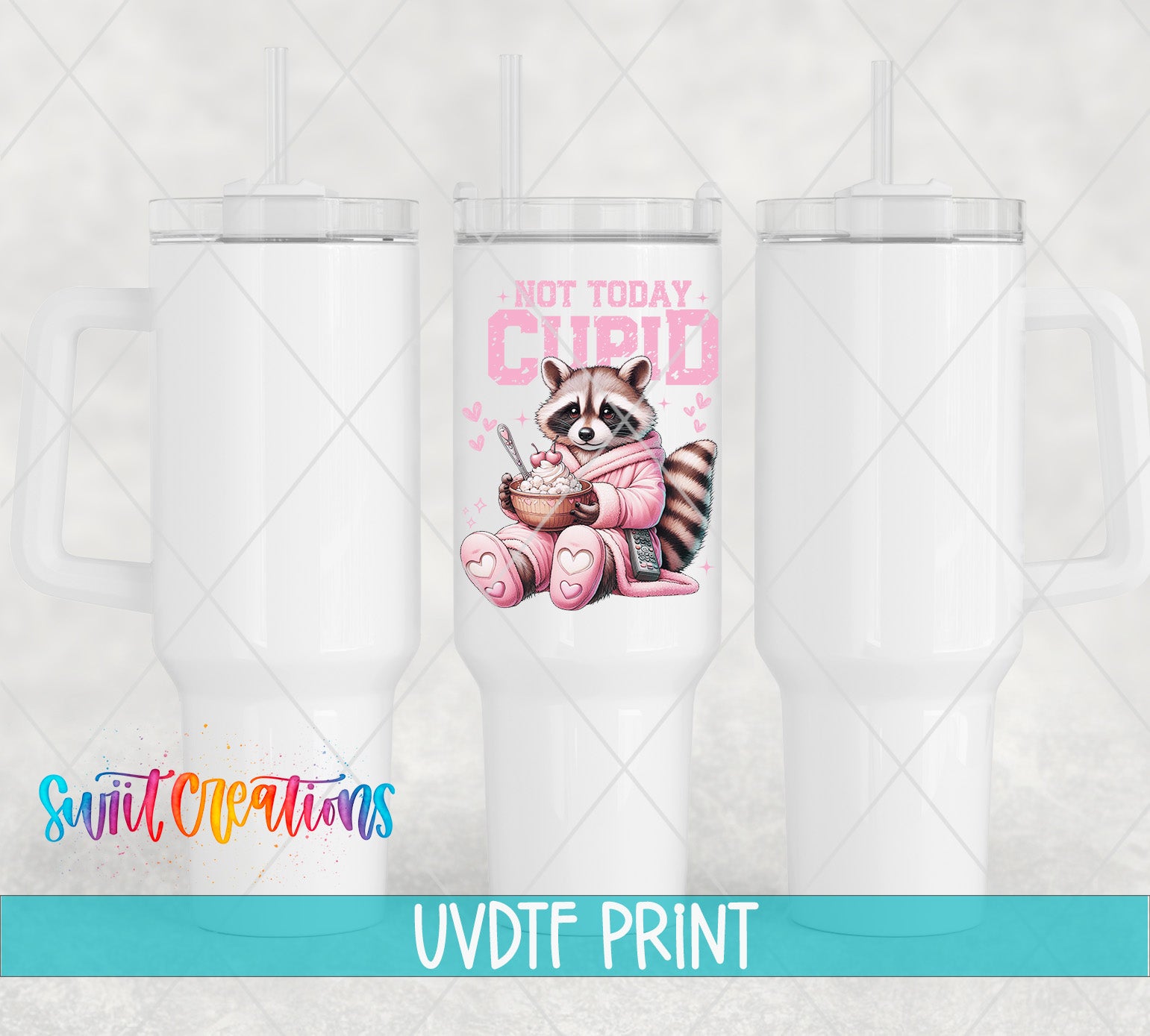 a white ceramic mug with a printed design of a raccoon wearing a pink outfit and holding a bowl of food. The mug has a handle on the left side and a straw on the right side. The mug is part of a collection of similar mugs, and the text "UVDF PRINT" is displayed below the mug.