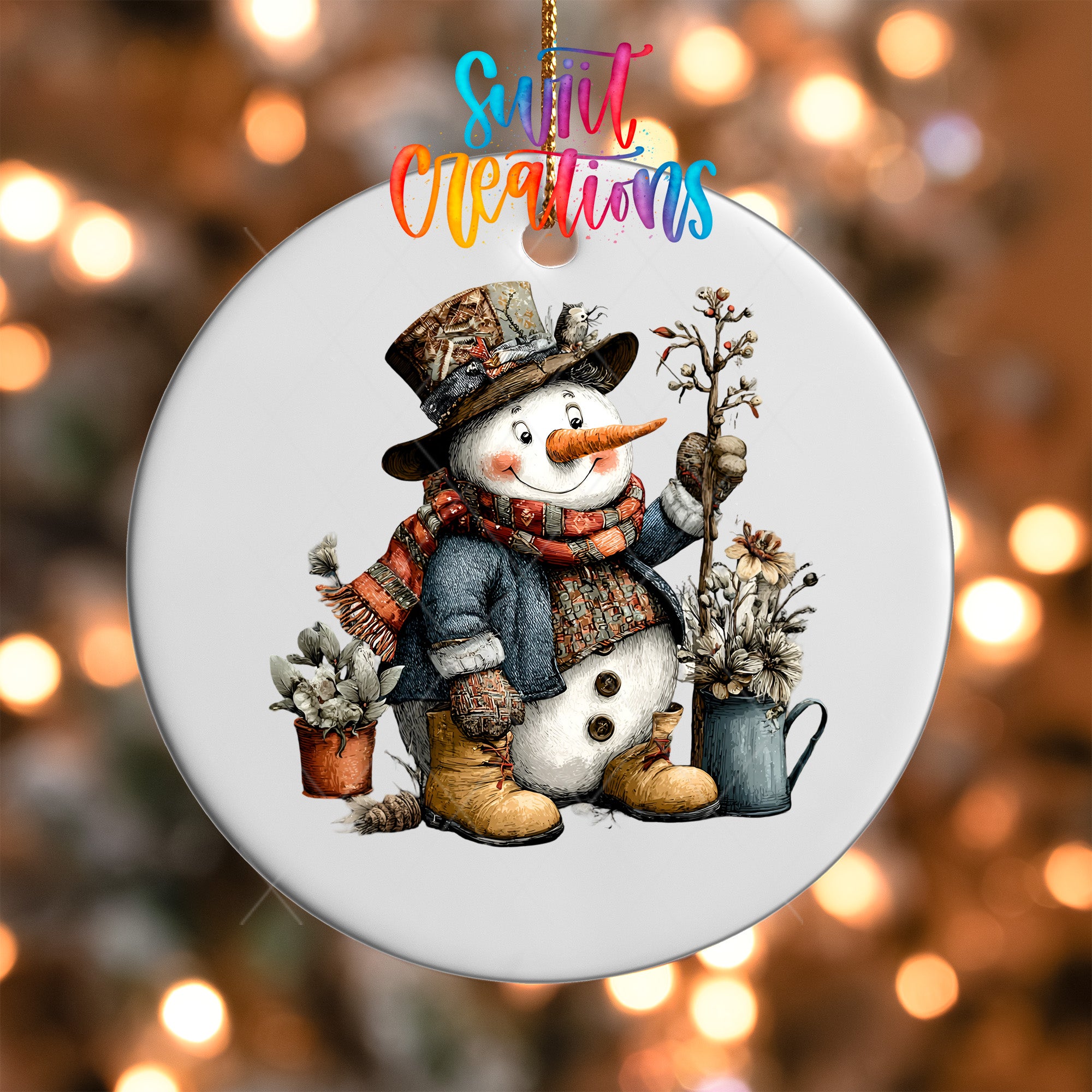 A snowman ornament with a potted plant and flowers, set against a blurred background with twinkling lights.