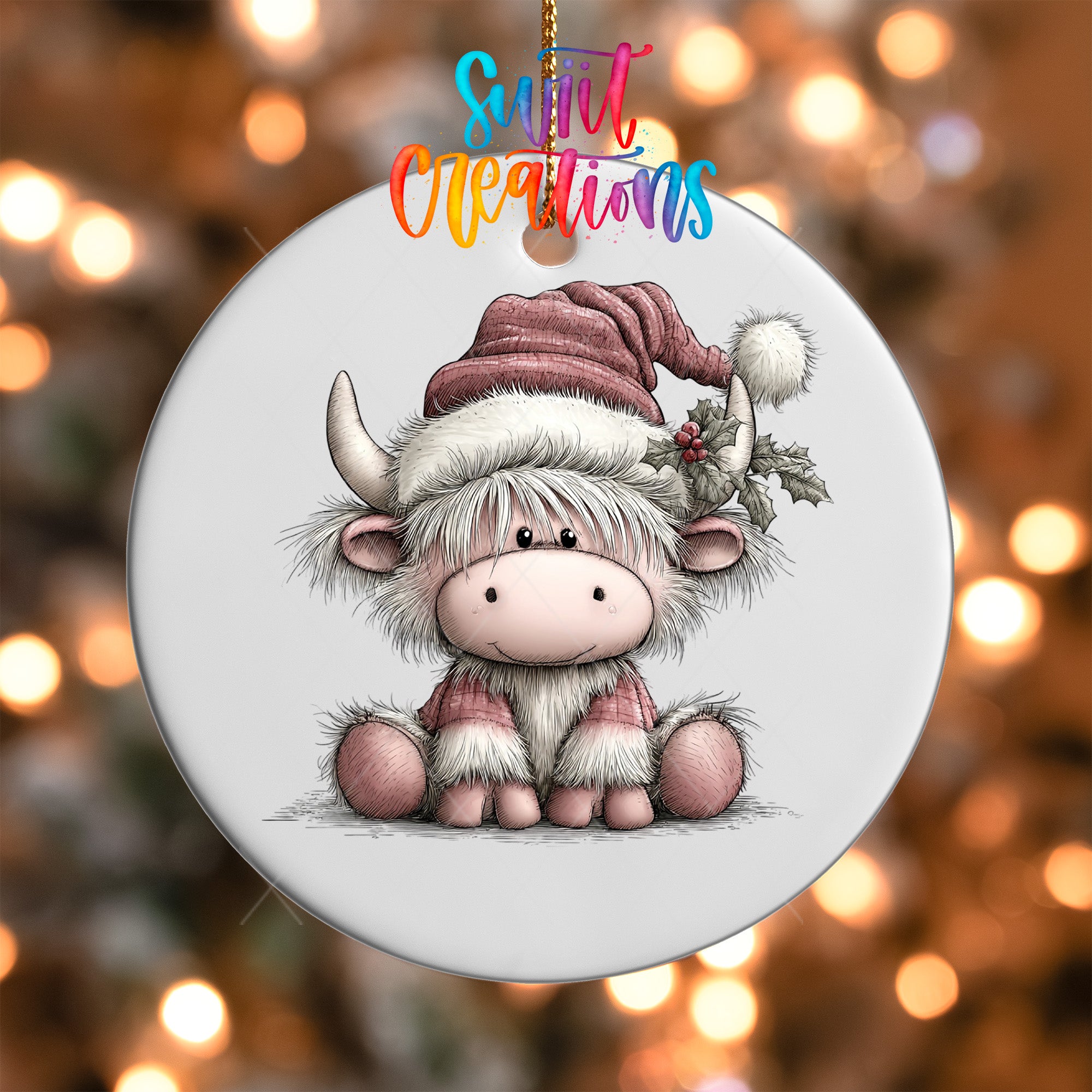 A white ornament with a cartoon cow wearing a Santa hat and scarf, sitting on the ground.