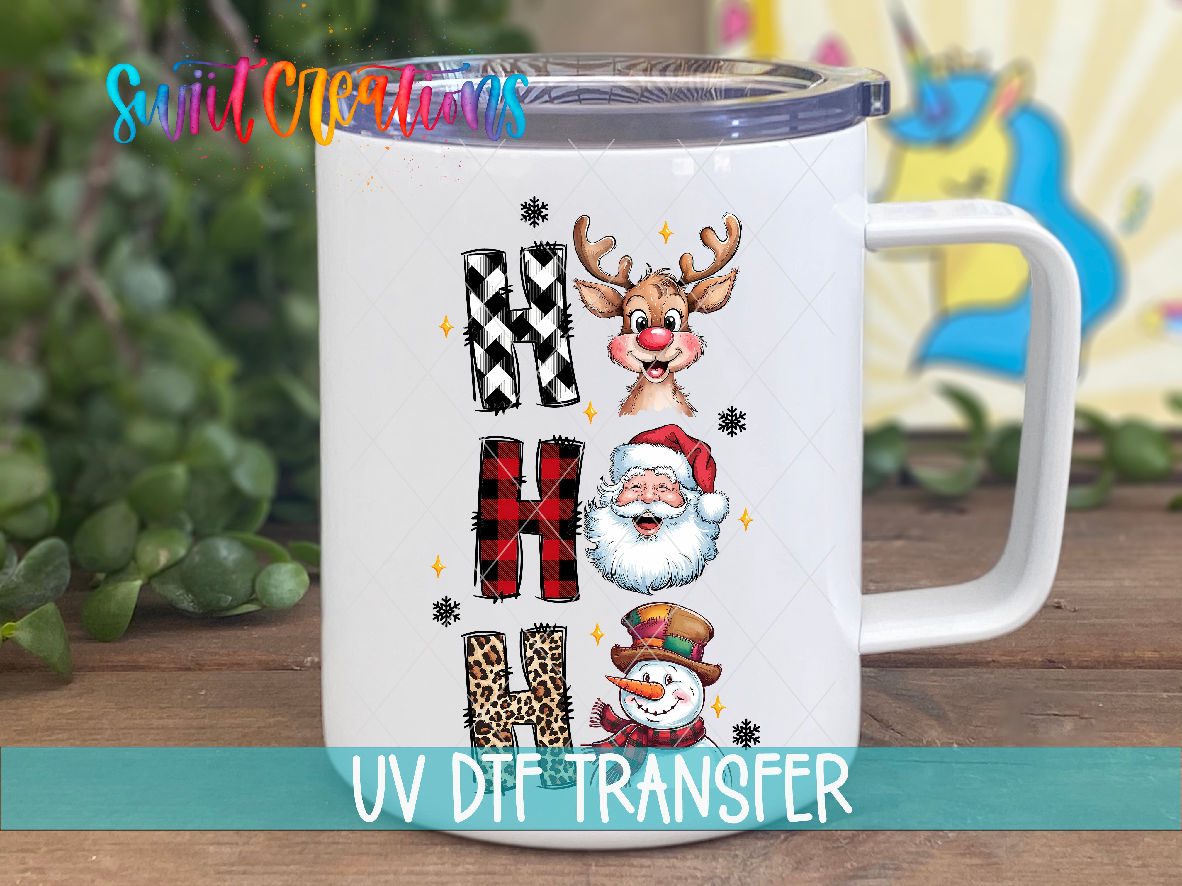 A white mug with a colorful design featuring a reindeer, Santa Claus, and a snowman.