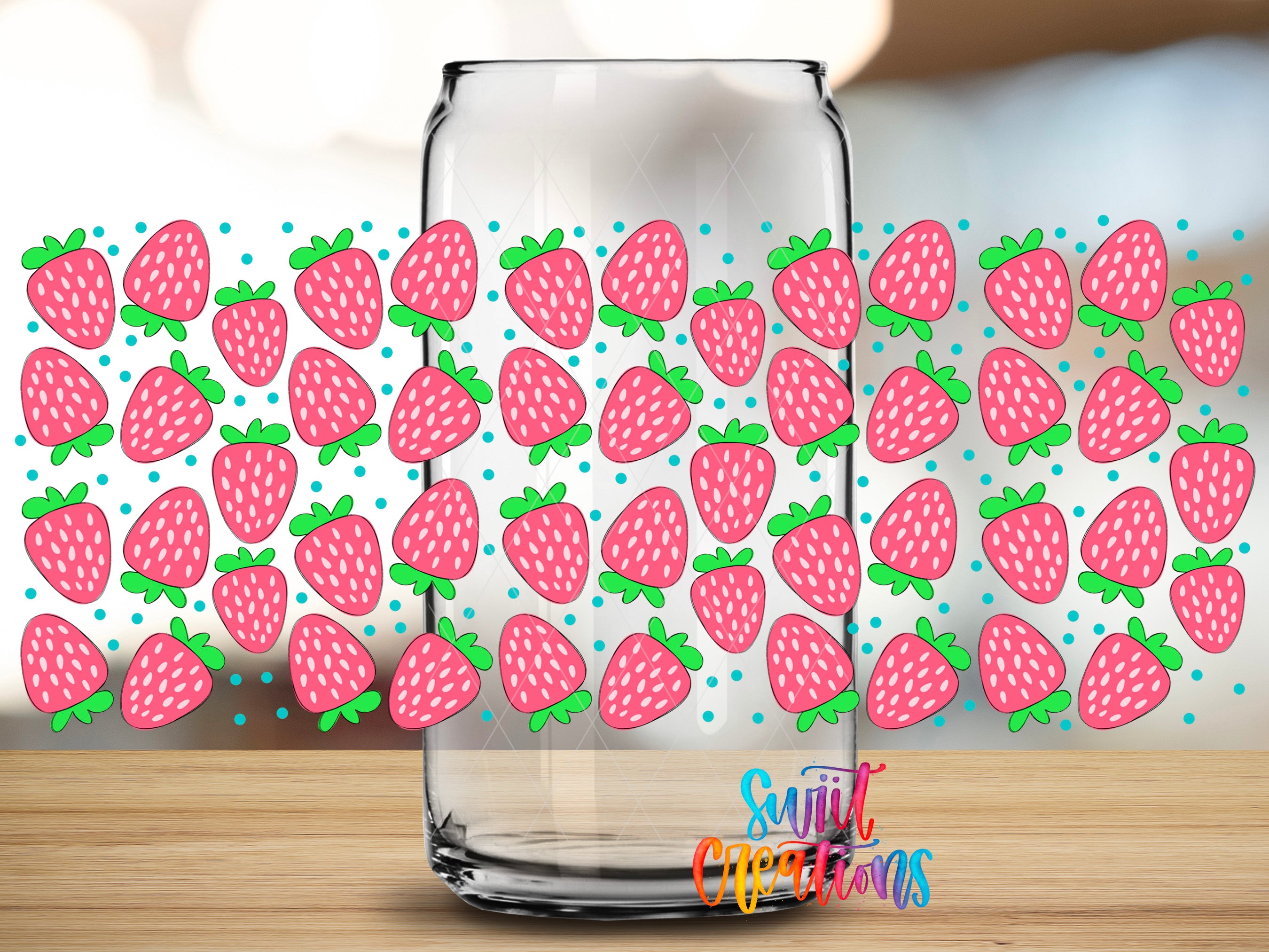 a clear glass jar filled with numerous pink strawberries, creating a visually appealing and playful design.