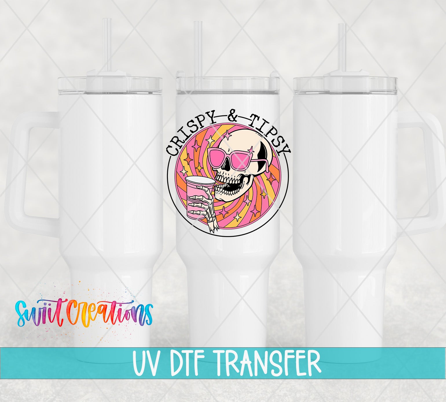 three white tumblers with a colorful graphic design on the center of each one, including a skull wearing sunglasses and holding a drink.