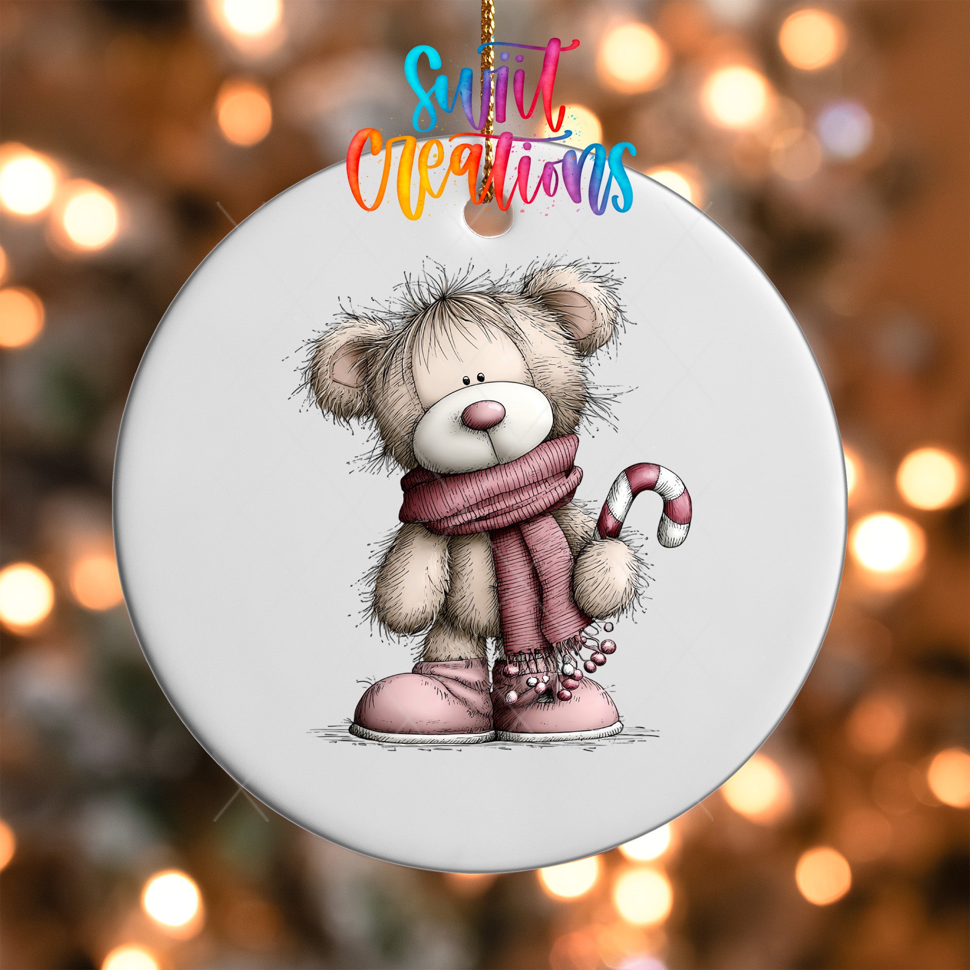 A round ornament featuring a teddy bear wearing a pink scarf and holding a candy cane, with a colorful text overlay that reads "Sweet Creations".