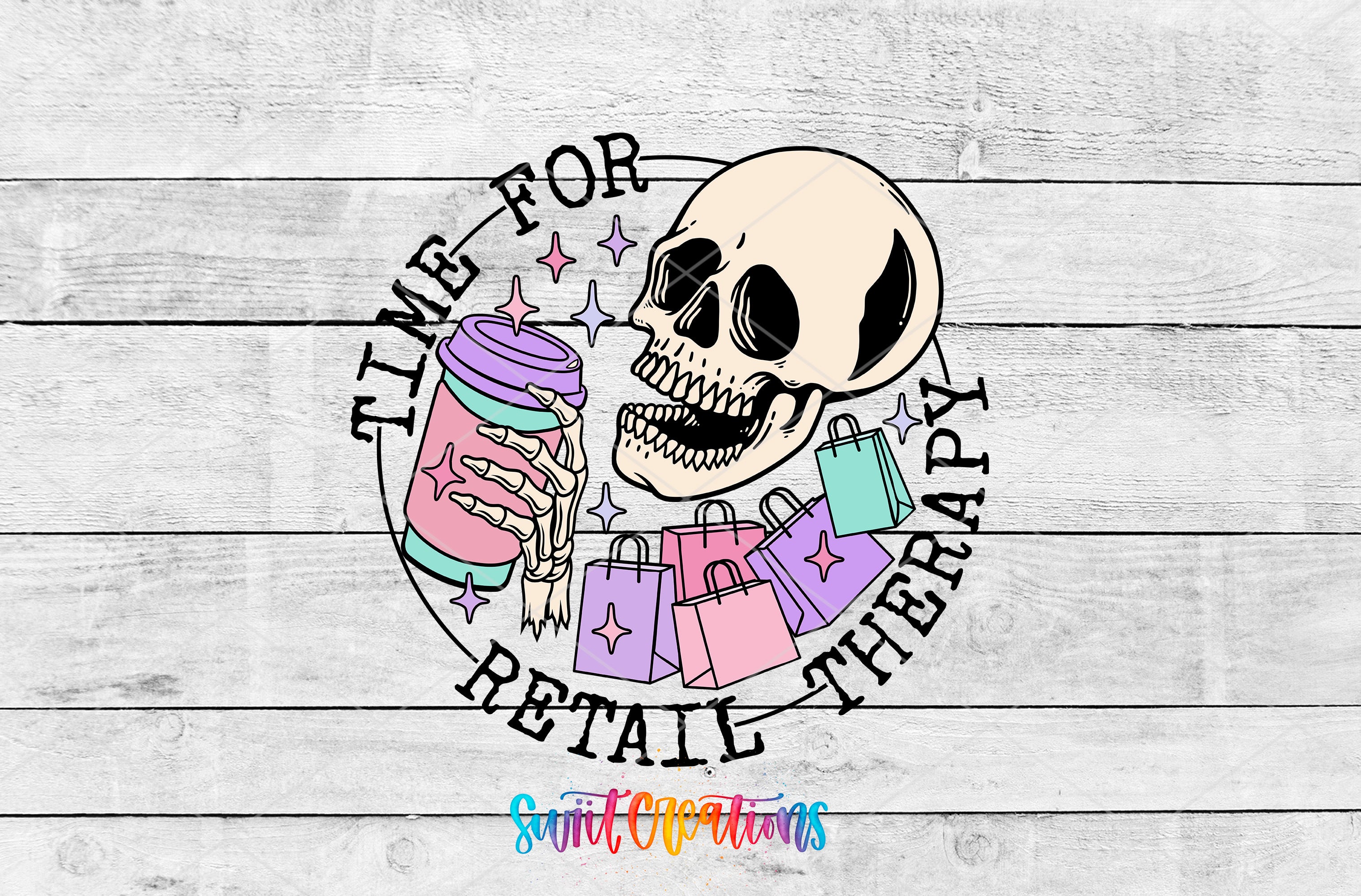 A stylized illustration of a skull holding a coffee cup, surrounded by shopping bags, with the text "Time for Retail Therapy" written around the image.