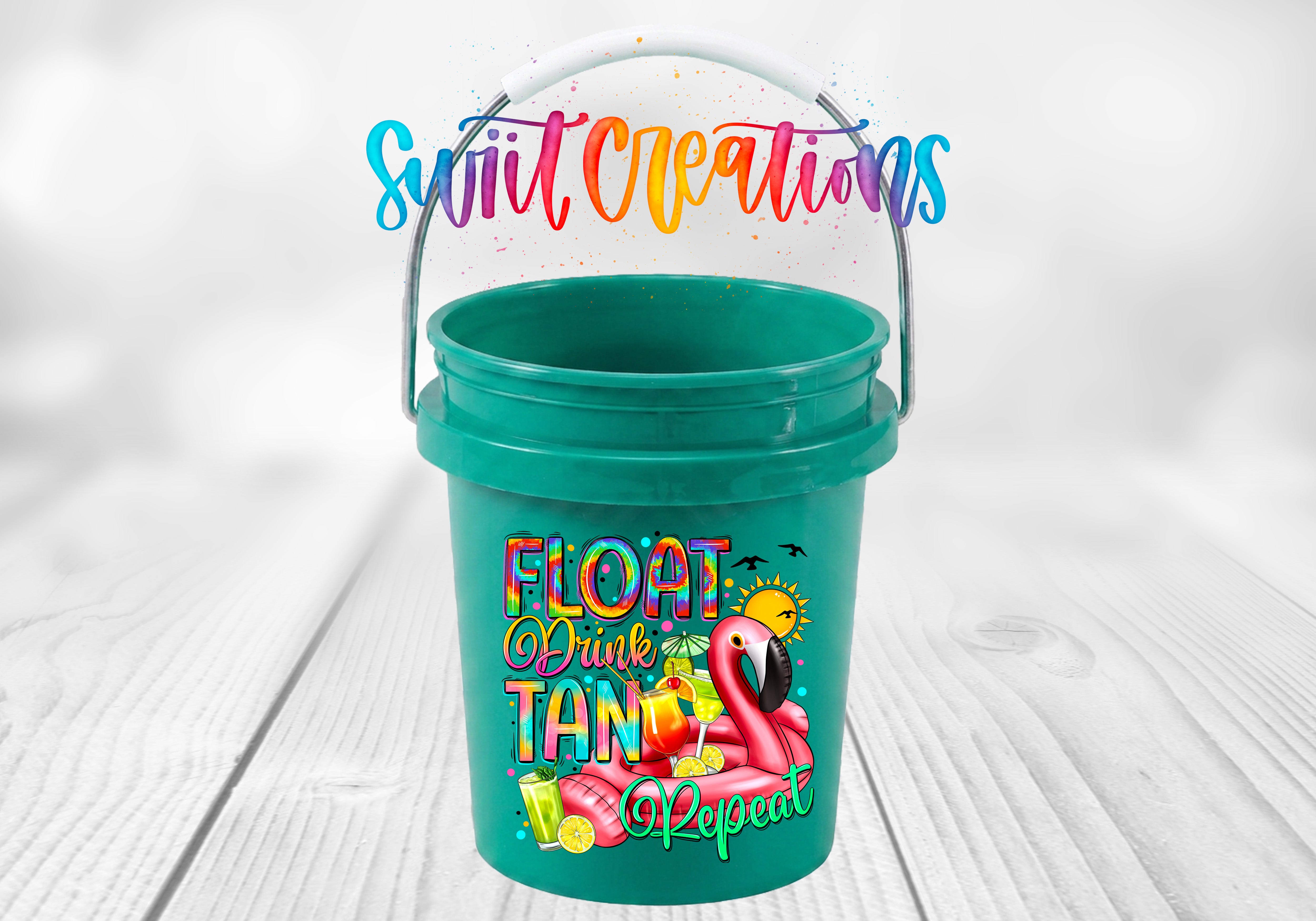 A green bucket with a colorful design featuring a flamingo and text that says "FLOAT DRINK TANY REPEAT".