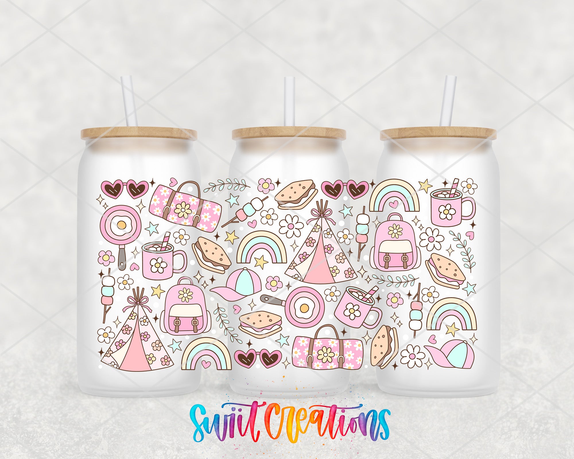 A trio of white tumblers with colorful illustrations of various objects and whimsical designs, including hearts, flowers, rainbows, and other playful elements.