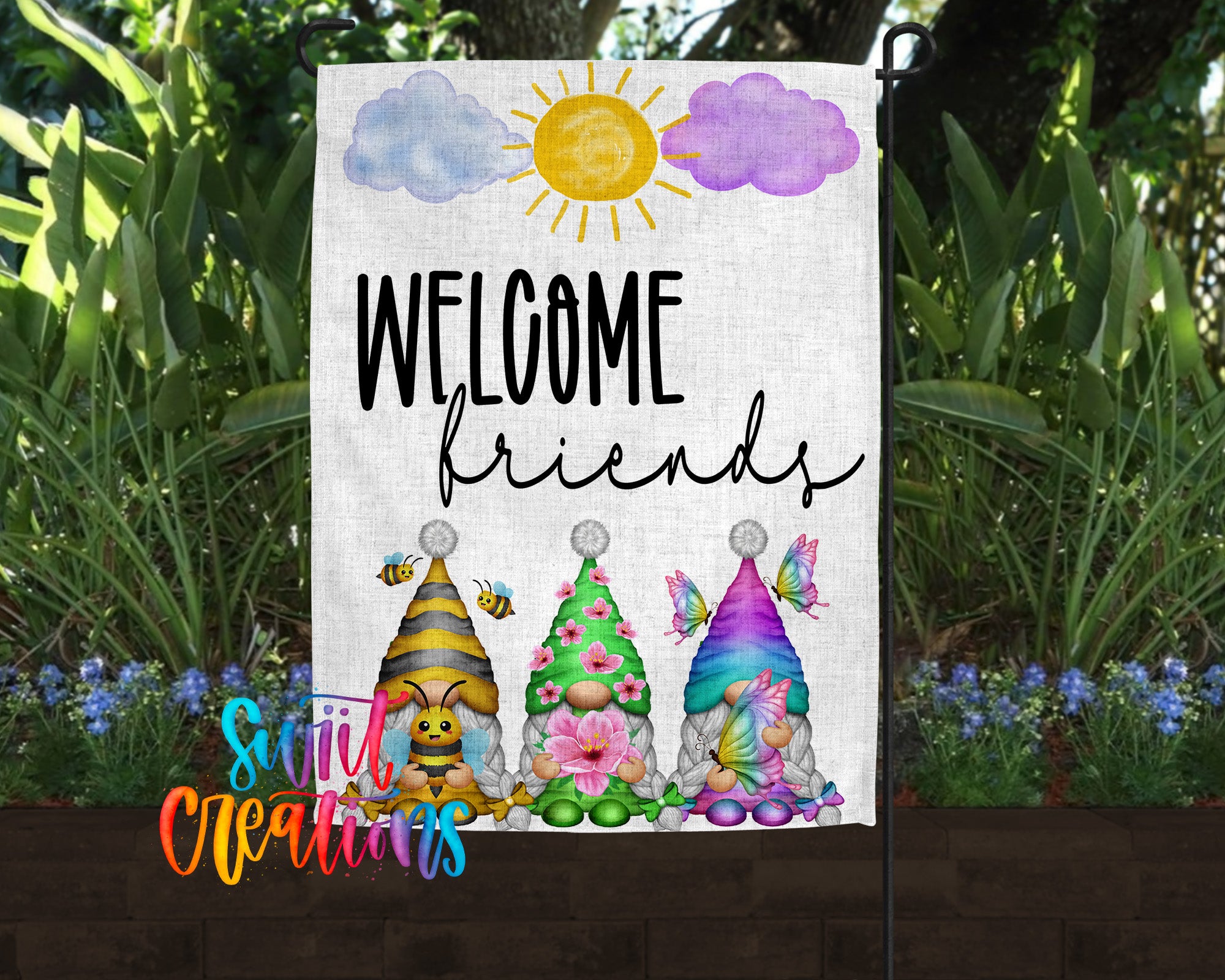 A garden sign with a welcoming message and illustrations of three gnomes, each with unique hats and flowers, set against a backdrop of lush greenery and a sun and cloud design.