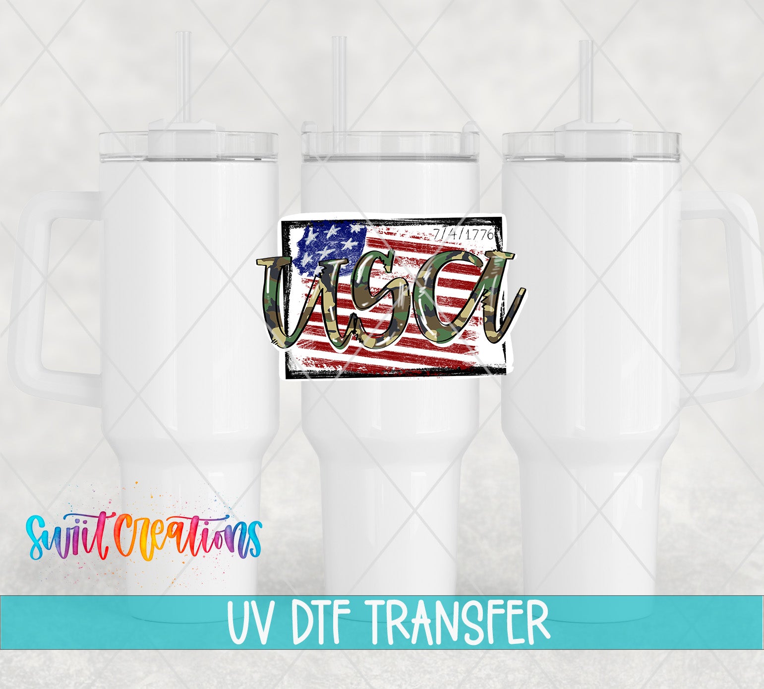 a white ceramic mug with a camouflage pattern and an American flag design, along with a UV DFT Transfer logo.