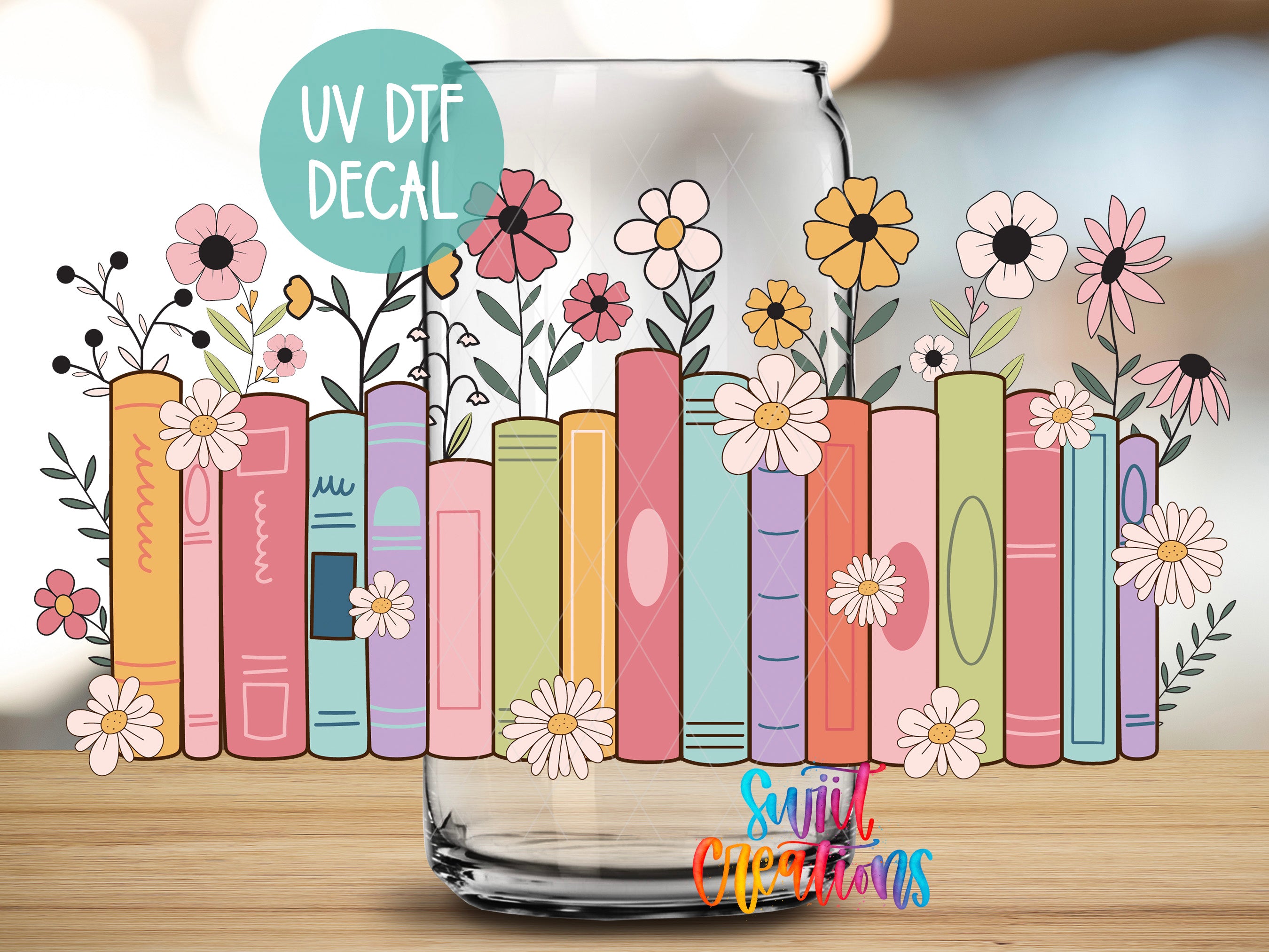 A glass jar filled with colorful flowers and plants, surrounded by a row of books with illustrations of flowers on their spines.