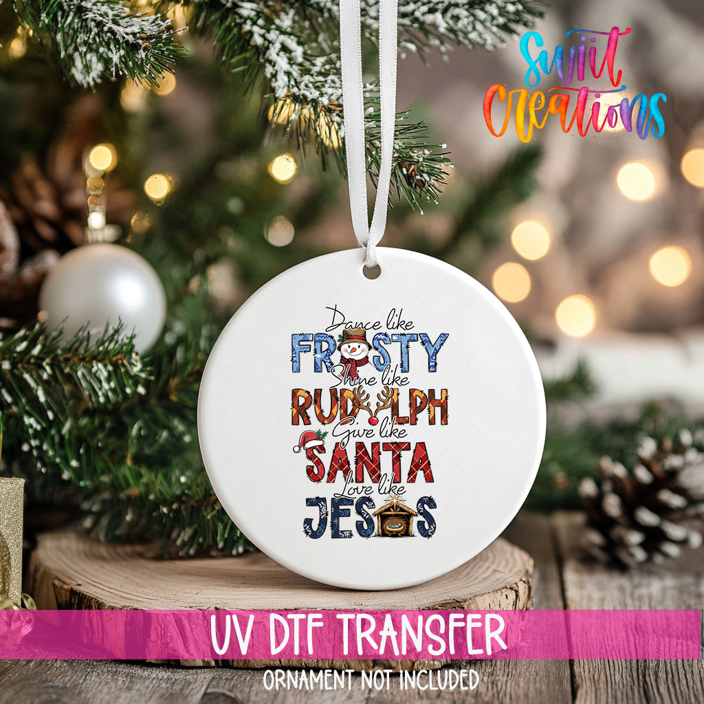 A white ornament with a Christmas tree in the background, featuring a colorful design with text and illustrations.