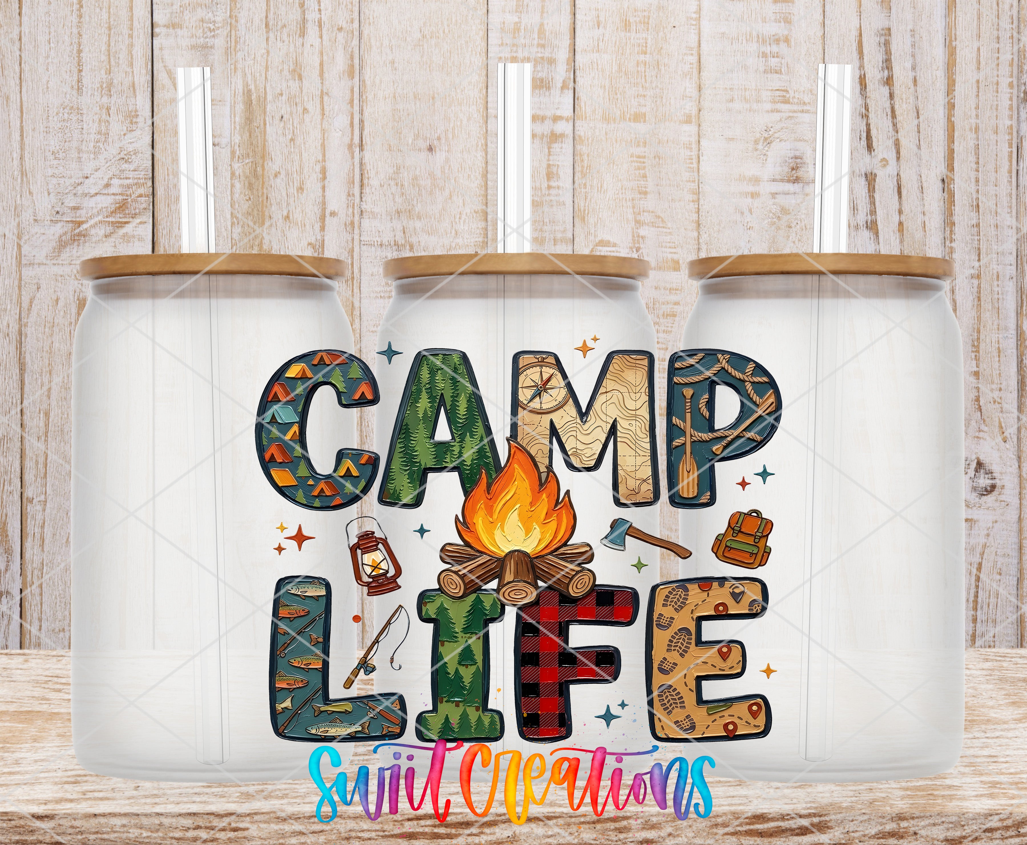 three glass jars with the text "CAMP LIFE" printed on them, along with various camping-related icons and objects such as a campfire, tent, and hiking boots.