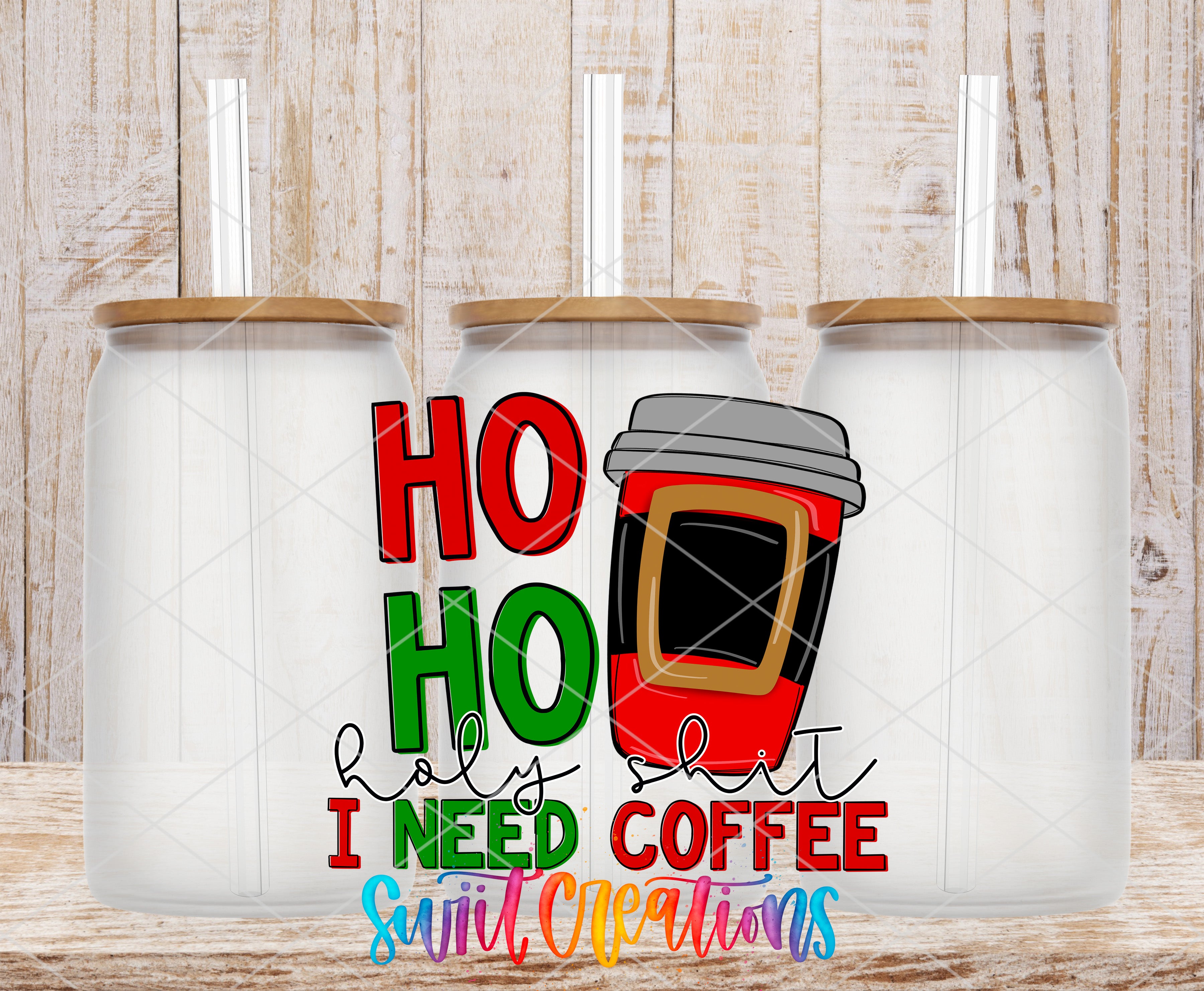 three glass jars with lids, each containing a straw. The jars are arranged in a row, and there is a colorful design on the front of each jar that includes text and an illustration of a coffee cup.